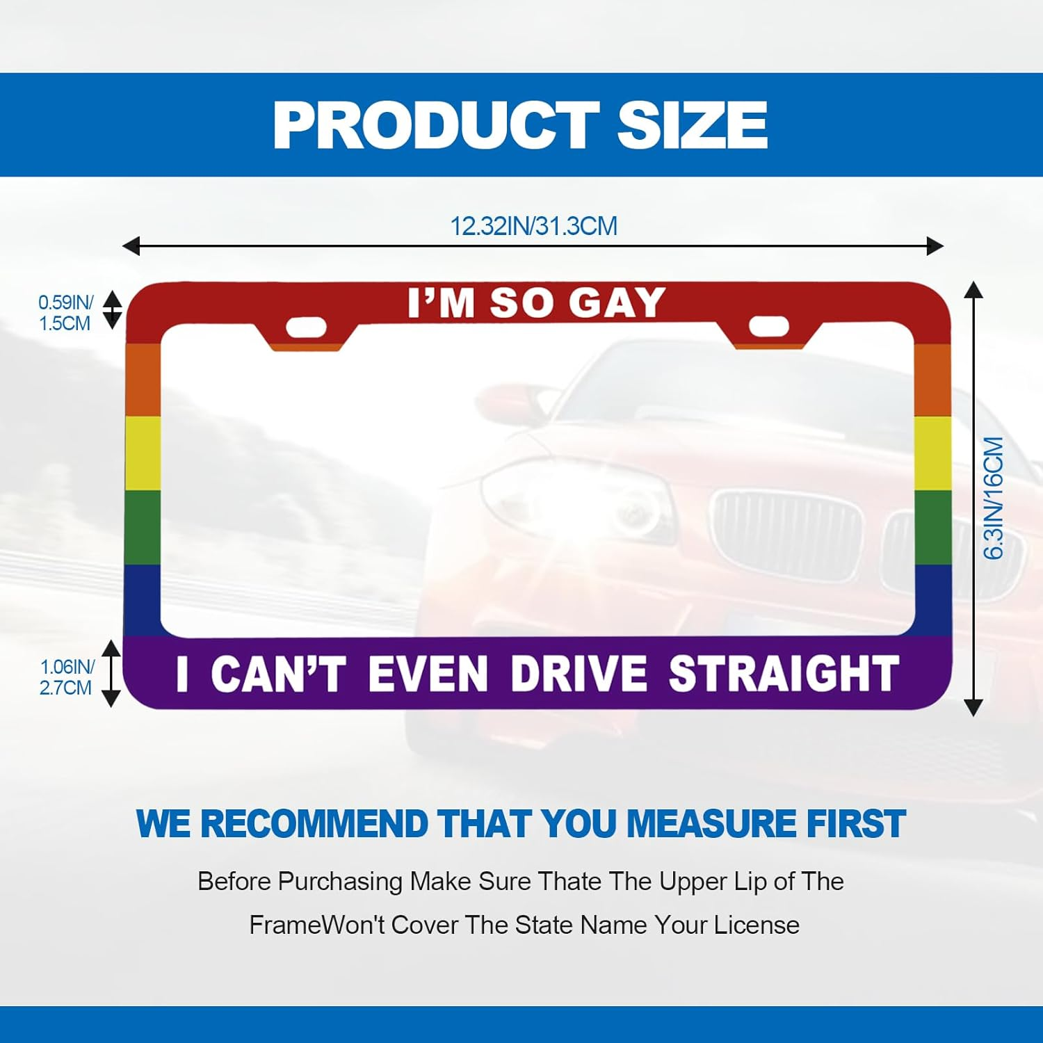 Funny License Plate Frame Metal Aluminum Humor Text Gay Pride Rainbow Flag - I'M so Gay,I Can'T Even Drive Straight,Funny Car Cover Holder Accessories (12 X 6 Inch) - Blessed Christian image number 2