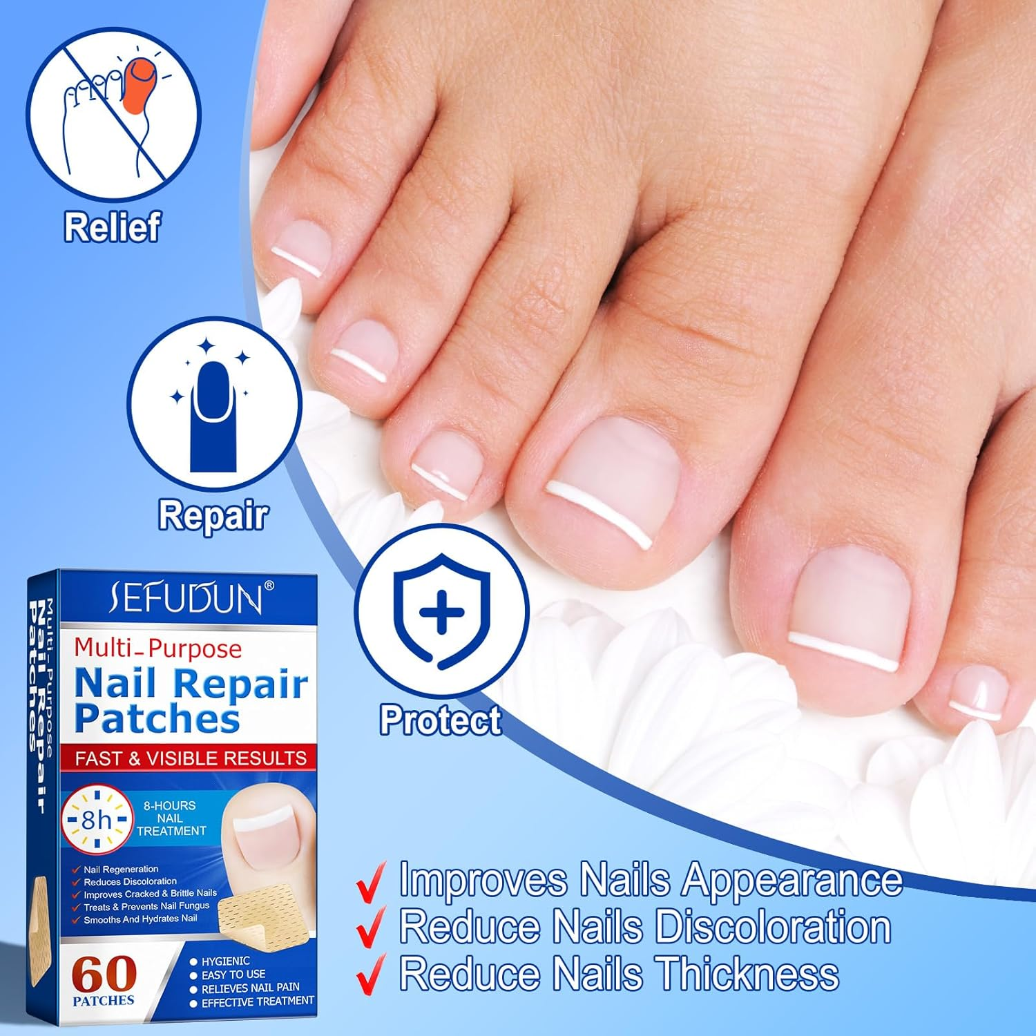 Fungal Nail Treatment,Nail Repair Patches 60Pcs,Toe Nail Treatment,Nail Repair Treatment for Restores Damaged Nails, 8 Hour Overnight Nail Repair Restores Healthy Nails image number 5