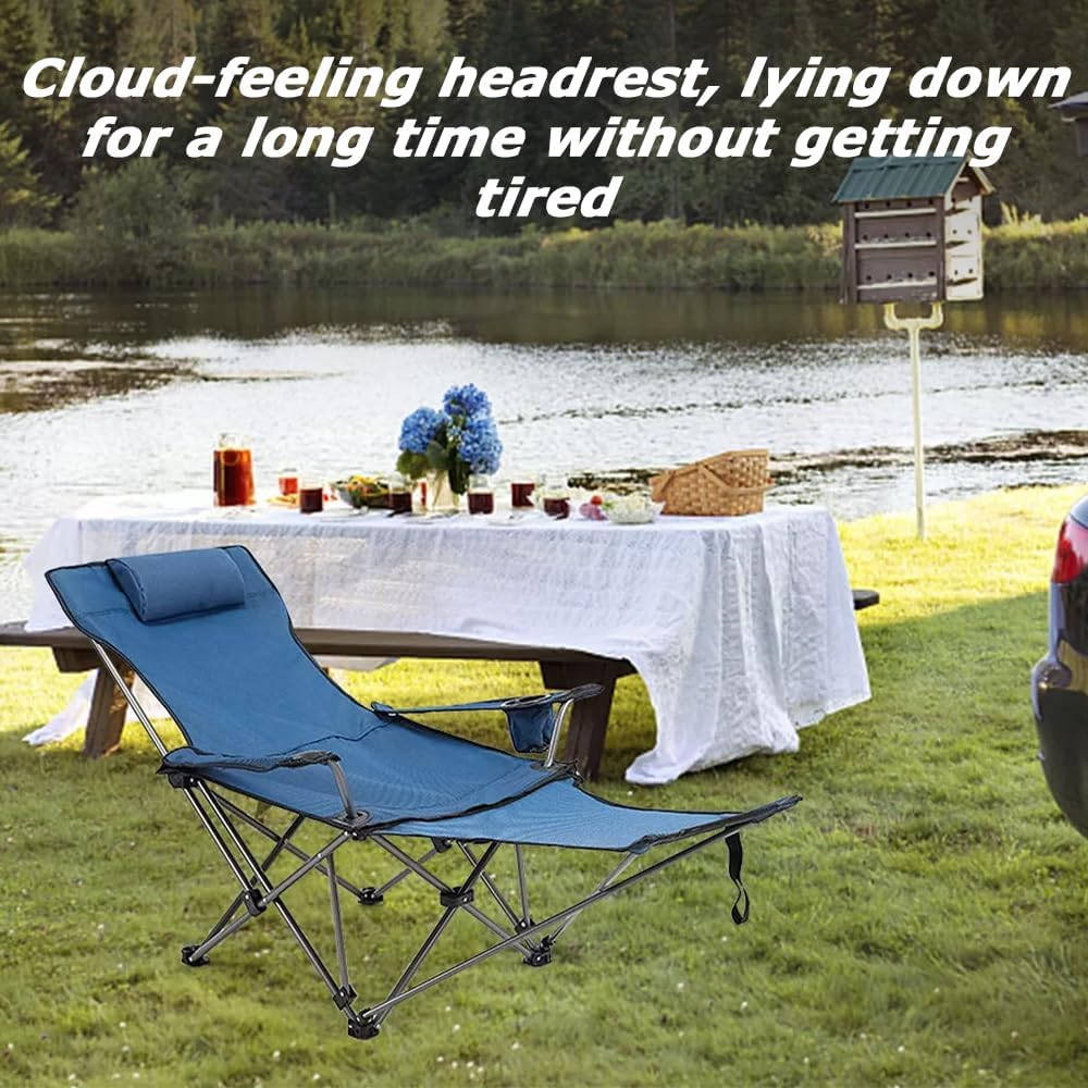 Camping Lounge Chair with Removable Footrest, Adjustable Folding Backrest, Lightweight Chair with Storage Bag & Headrest for Outdoor Garden (Blue) image number 4