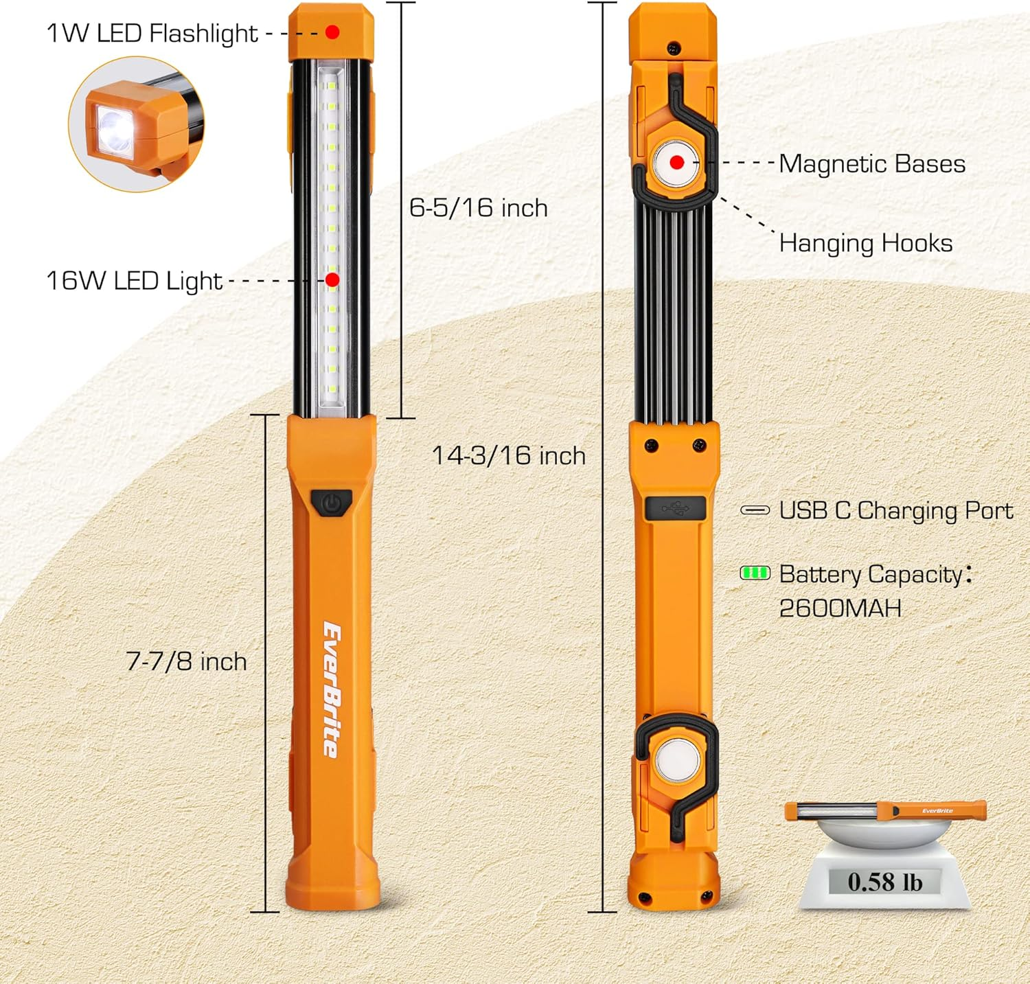 Everbrite 1000LM LED Work Light, Rechargeable Work Light for Mechanics with Dual Magnetic Bases&Hanging Hooks, 4 Lighting Modes, USB C Cable, for Car Repairing, Working, and Hurricane, Pack of 1 image number 4