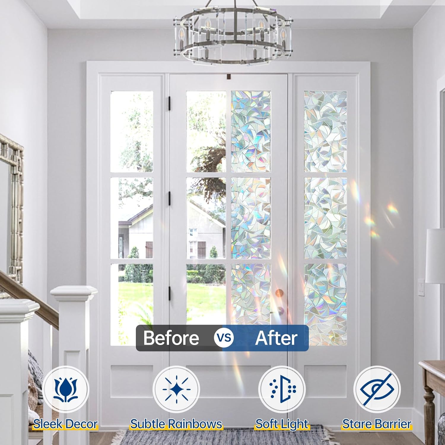 KAFUTER Rainbow Window Privacy Film Decorative, Stained Glass Window Tint for Home, 3D Decals Window Clings for Glass Windows, Static Cling Window Stickers Suncatcher Cover(Rainbow, 90X200Cm) image number 3