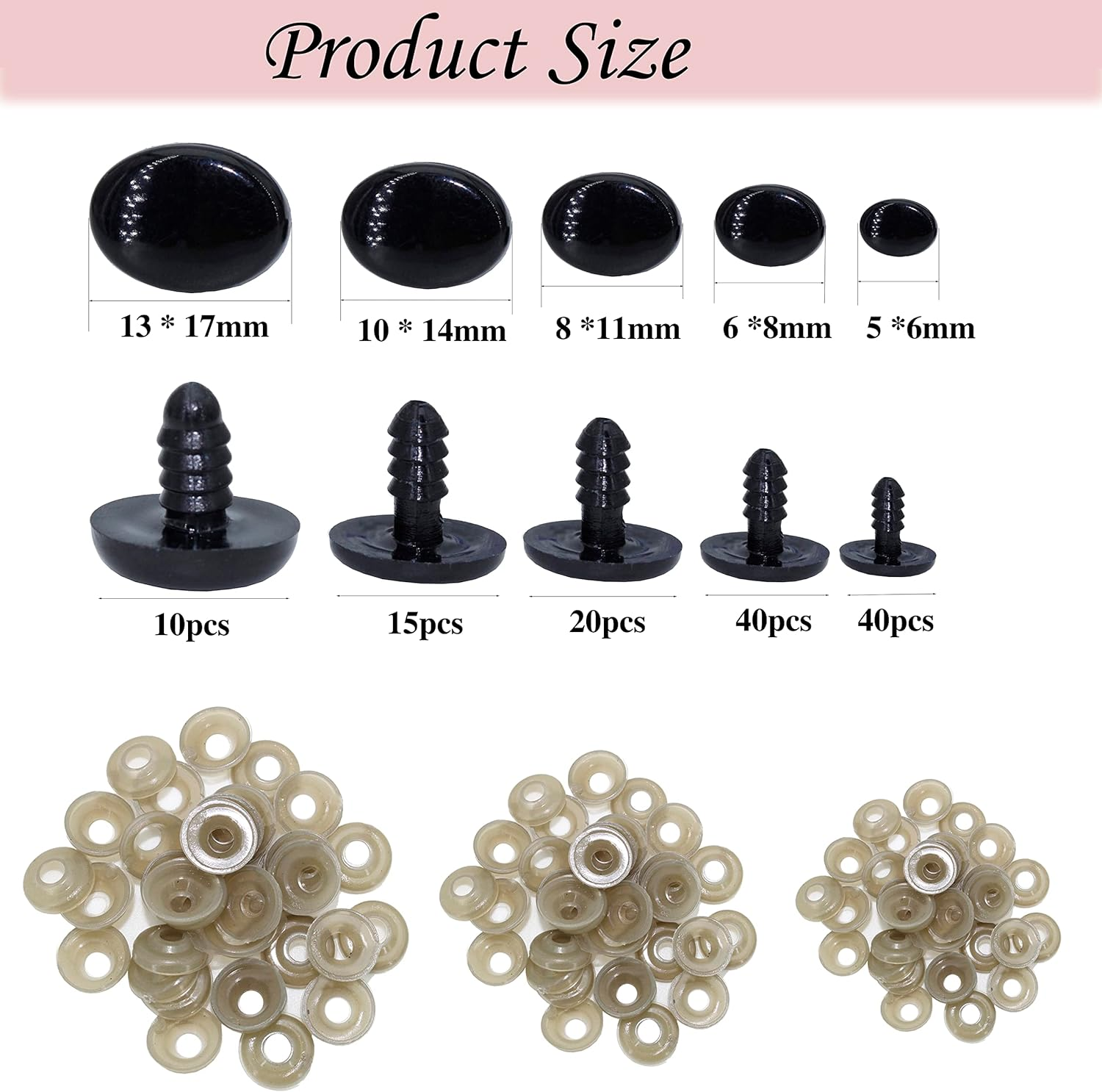 BESTCYC 1Box(125Pcs) 5Different Size Oval Shape Black Plastic Safty Nose for Teddy Bear Doll Animal Puppet Crafts