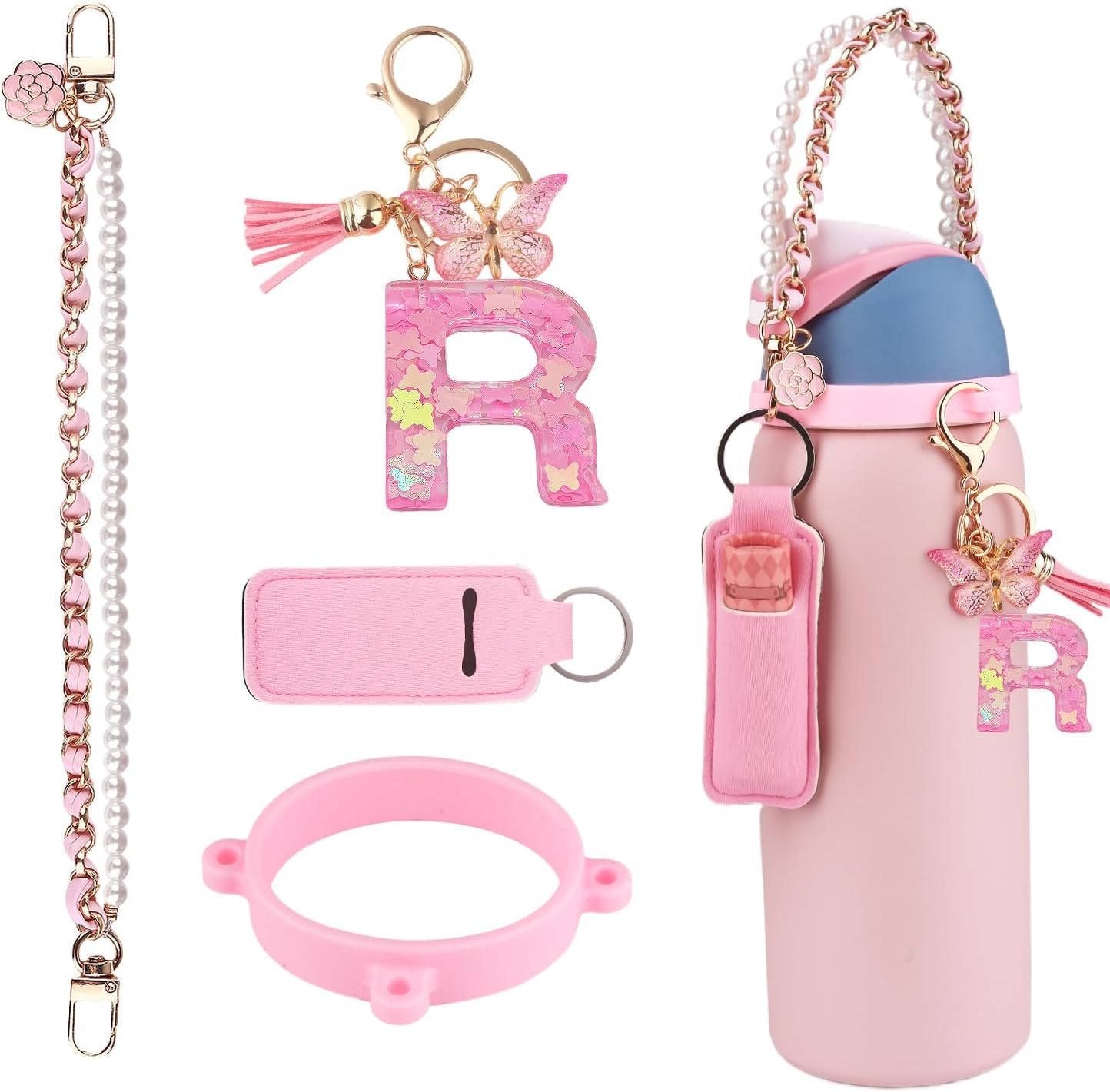 Letter Accessories for Owala Water Bottle 24/32/40Oz,Initial Charm、Lipstick Holder and Handle Strap for Owala Accessories and Stanley Cup Accessories(Pink, R)