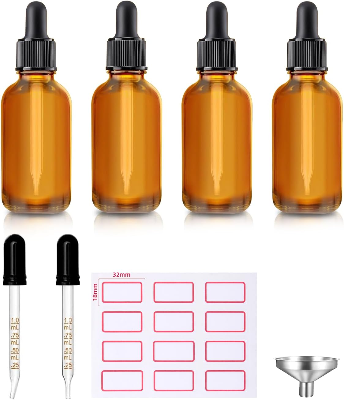 Weidllys 4 Pack,1 Oz Dropper Bottles with Funnels,Pipettes & Labels,30Ml Thick Dark Amber Glass Tincture Bottles with Eye Droppers, Leakproof image number 3