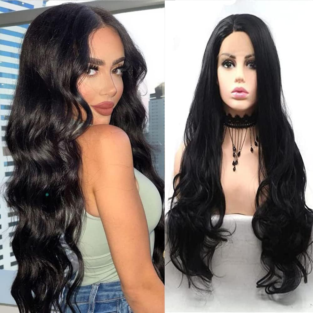 Xiweiya Long Natural Wavy Synthetic Lace Front Wigs for Black Women Black Hair Wig Heat Resistant Fiber Half Hand Tied 24Inch