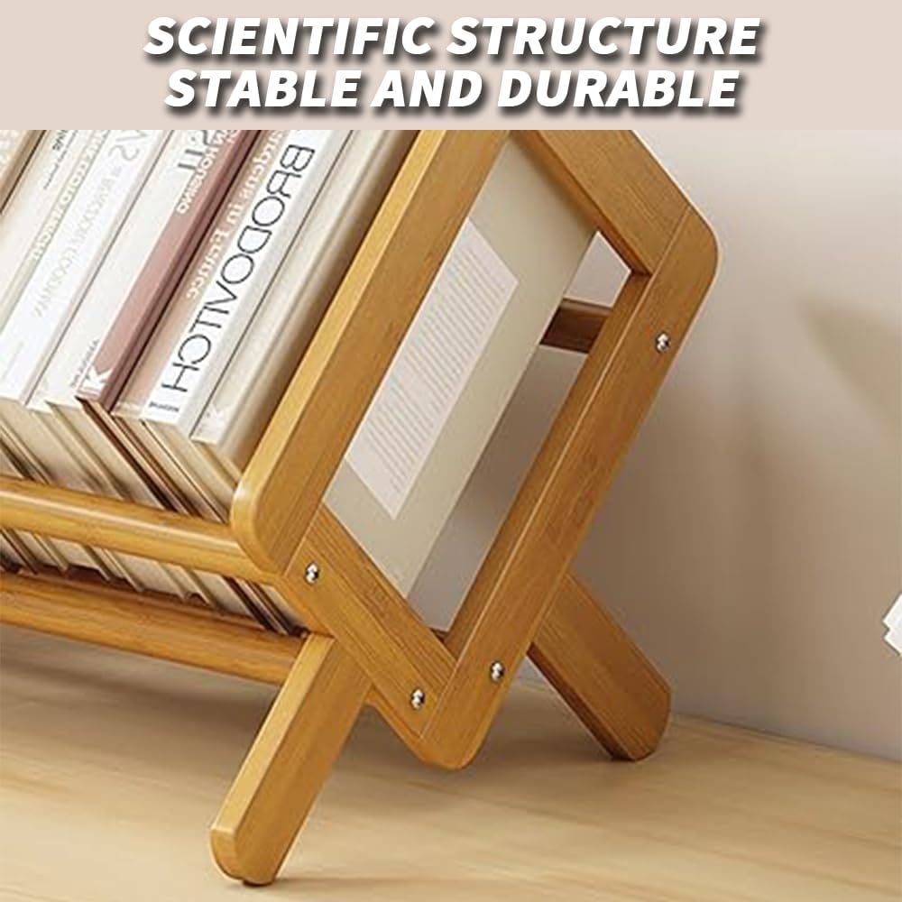 TOMVAES Bamboo Desktop Bookshelf,Desktop Book Shelf Organizer Bookshelves Storage Rack Simple Tabletop Tilted Bookcase for Books/Magazine/Cds Display (Light) - Light image number 3