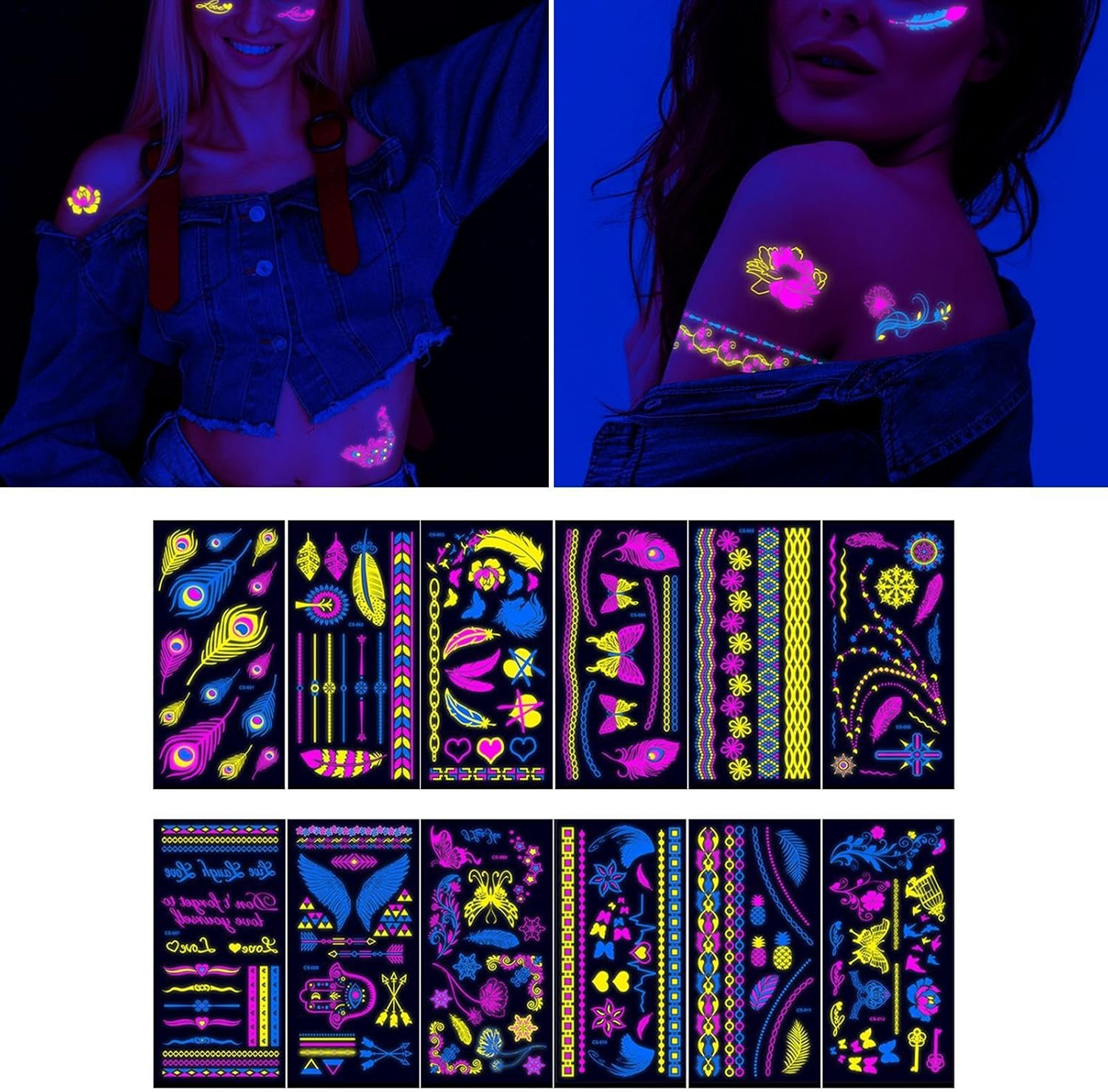 12 Pieces Glow in the Dark Tattoos, Reactive Luminous Gifts, Temporary Tattoos for Raves, Style A - Style B image number 7