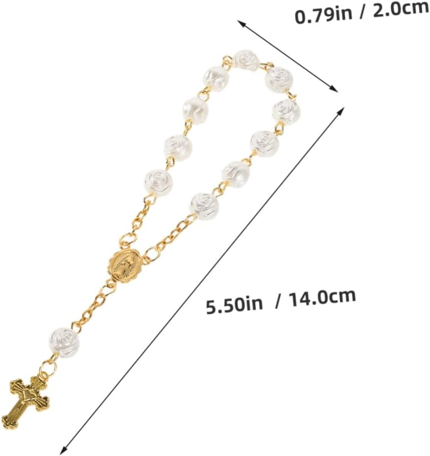 SAFIGLE 4Pcs Baptism Rosary Finger Chain Mini Rosary Beads for Girls Holy Event Favors First Communion Keepsake Wedding Religious Decor image number 4