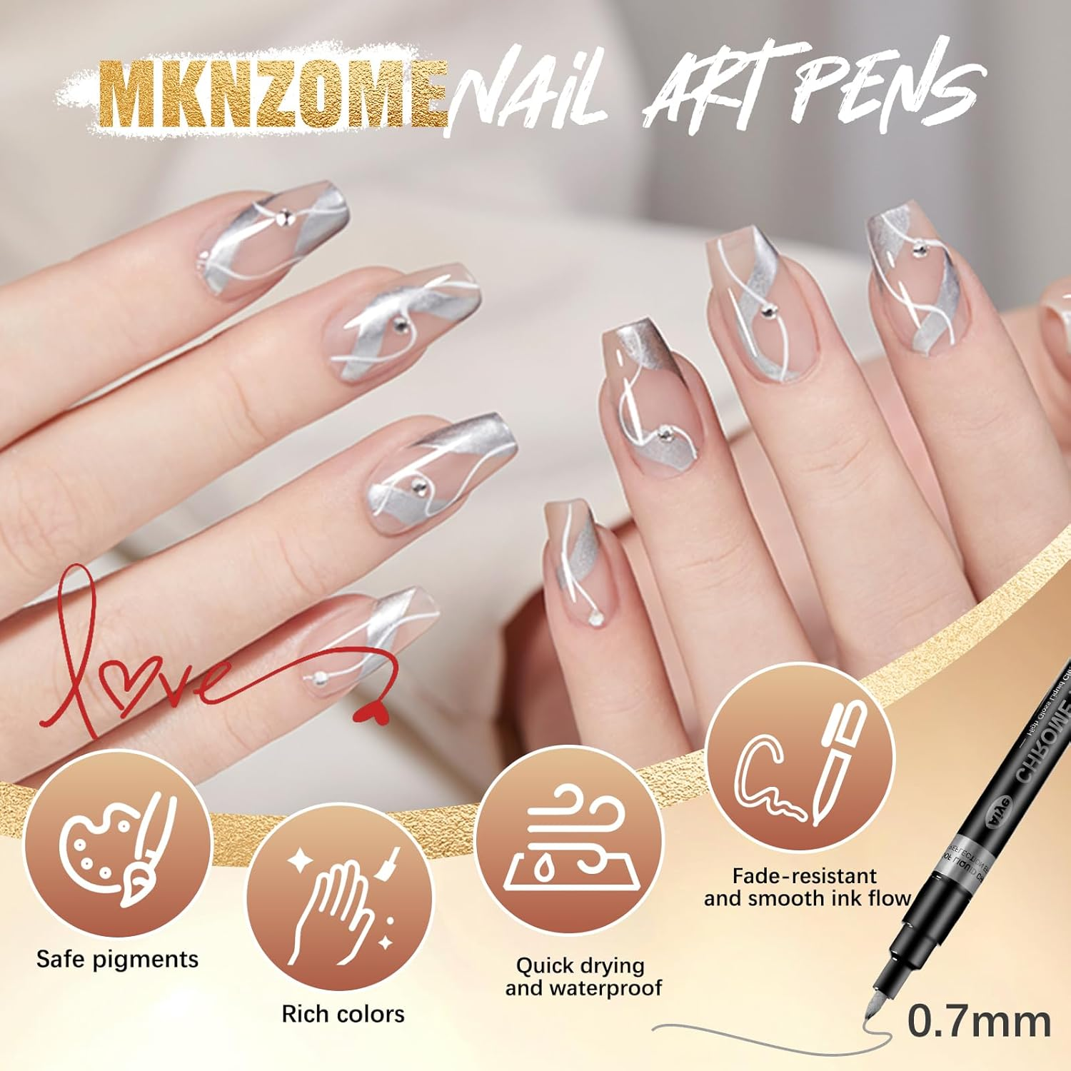 MKNZOME 6 Color Nail Art Pens, Nail Polish Pens Set Nail Chrome Eraser Pen Drawing Painting Point Liner Pens with Eraser Pen, Waterproof and Quick-Drying - 004-0.5Mm image number 7