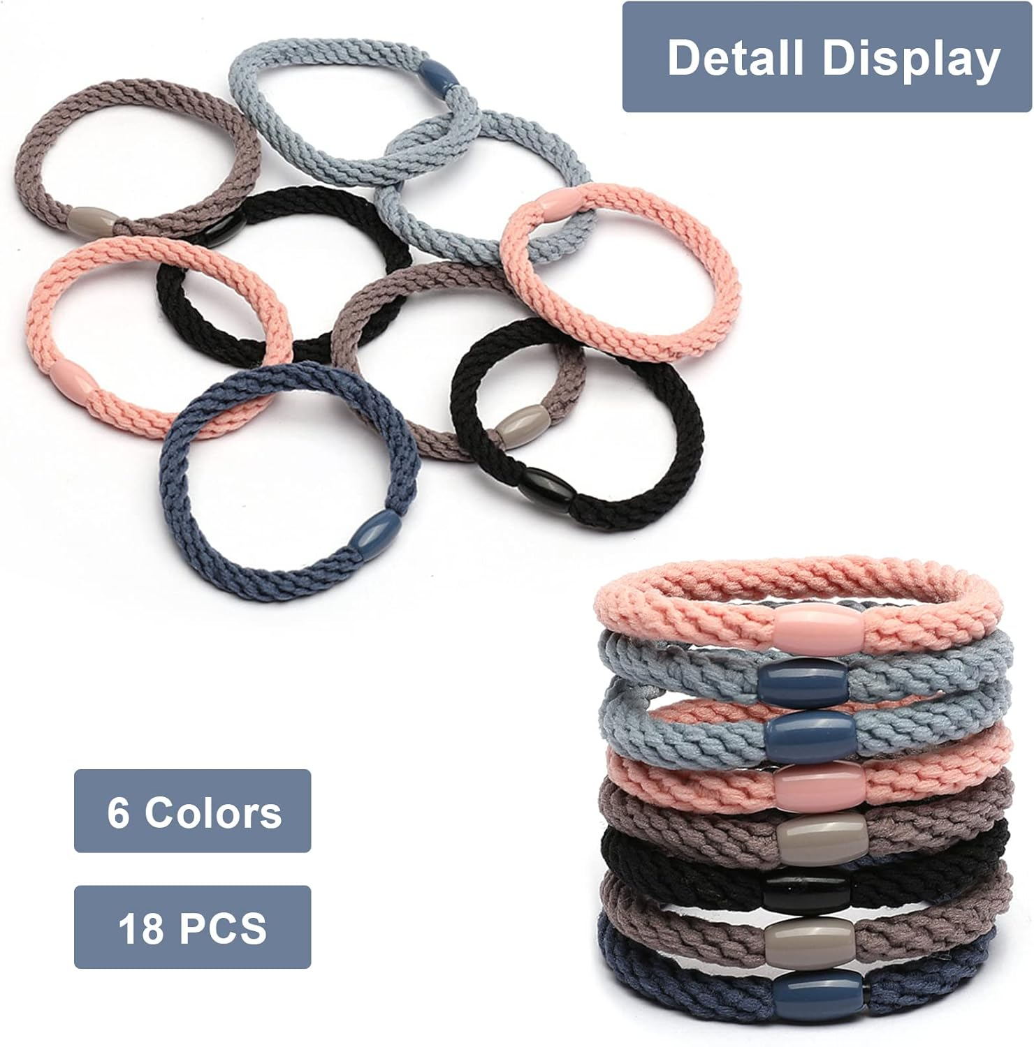 Pack of 18 Braided Hair Bobbles Cotton Multicoloured Braided Hair Bands Fashion Braided Elastic for Women/Girls/Children, Thick and Curly Hair (Mixed Colours) image number 6