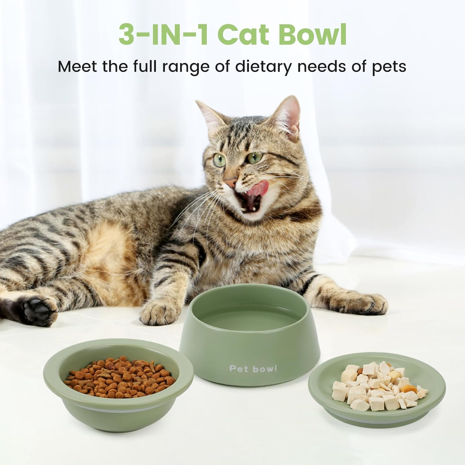PETTOM Ceramic Cat Bowls, 3-In-1 Extra Wide Whisker Friendly Food and Water Set in Green for Easy Feeding, Cat Feeding Bowls anti Slip to Enhance Mealtime image number 2
