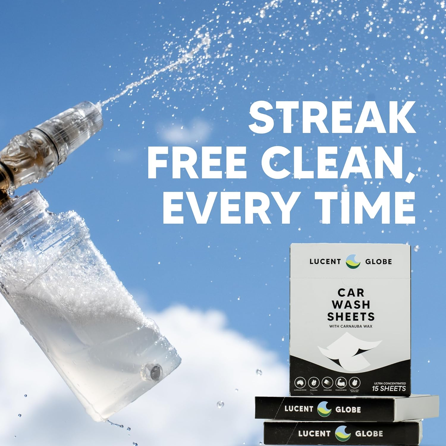 Lucent Globe Car Wash Sheets &ndash; Makes a Liquid. Eco-Friendly, Plastic-Free & Ph Neutral Car Soap | Ultra-Concentrated Biodegradable Wash with Carnauba Wax | No Dyes or Toxic Chemicals (15 Sheets) image number 3