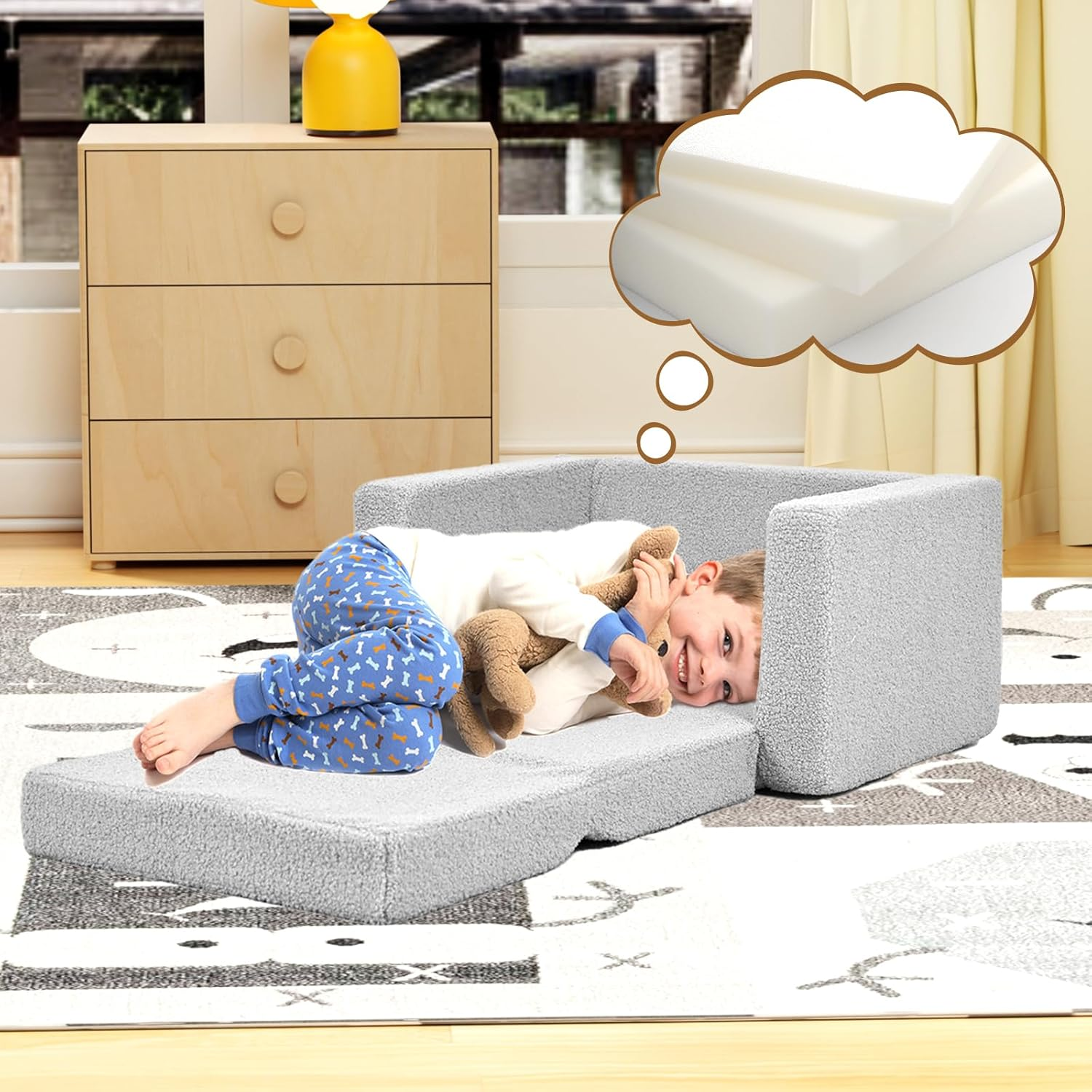FAYDUDU Kids Sofa, 2-In-1 Fold Out Soft Toddler Couch, Kids Sofa Bed with Washable Covers, Toddler Chair with Side Pocket Suitable for Playroom and Bedroom, Baby Sofa for Boys and Girls (Gray, S) image number 2