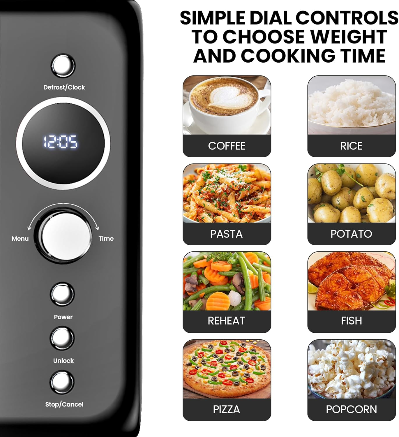 Total Chef Retro Microwave Oven | 20L Quick Start & Defrost by Weight/Time | 8 Pre-Set Cooking Modes for Coffee, Rice, Pasta, Potato, Reheat, Fish, Pizza, Popcorn | 700W | Black - Red image number 2