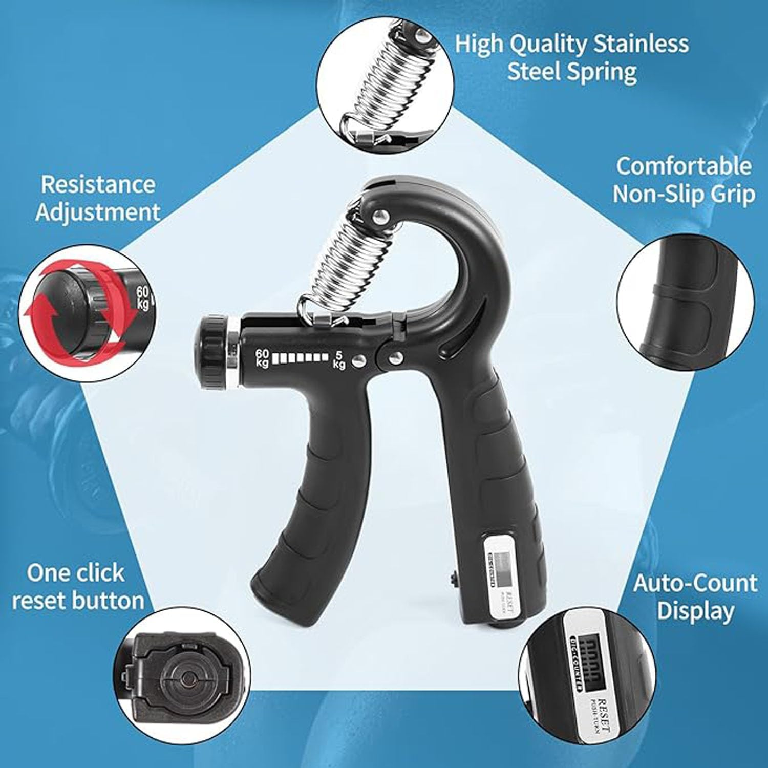 Shengsenfu Adjustable Hand Grip Strengthener Kit 7Piece Grip Strength Trainer Set Forearm Training Finger Flexibility Stress Relief Includes Finger Exerciser Stretcher Grip Ring Stress Ball Carry Bag image number 5