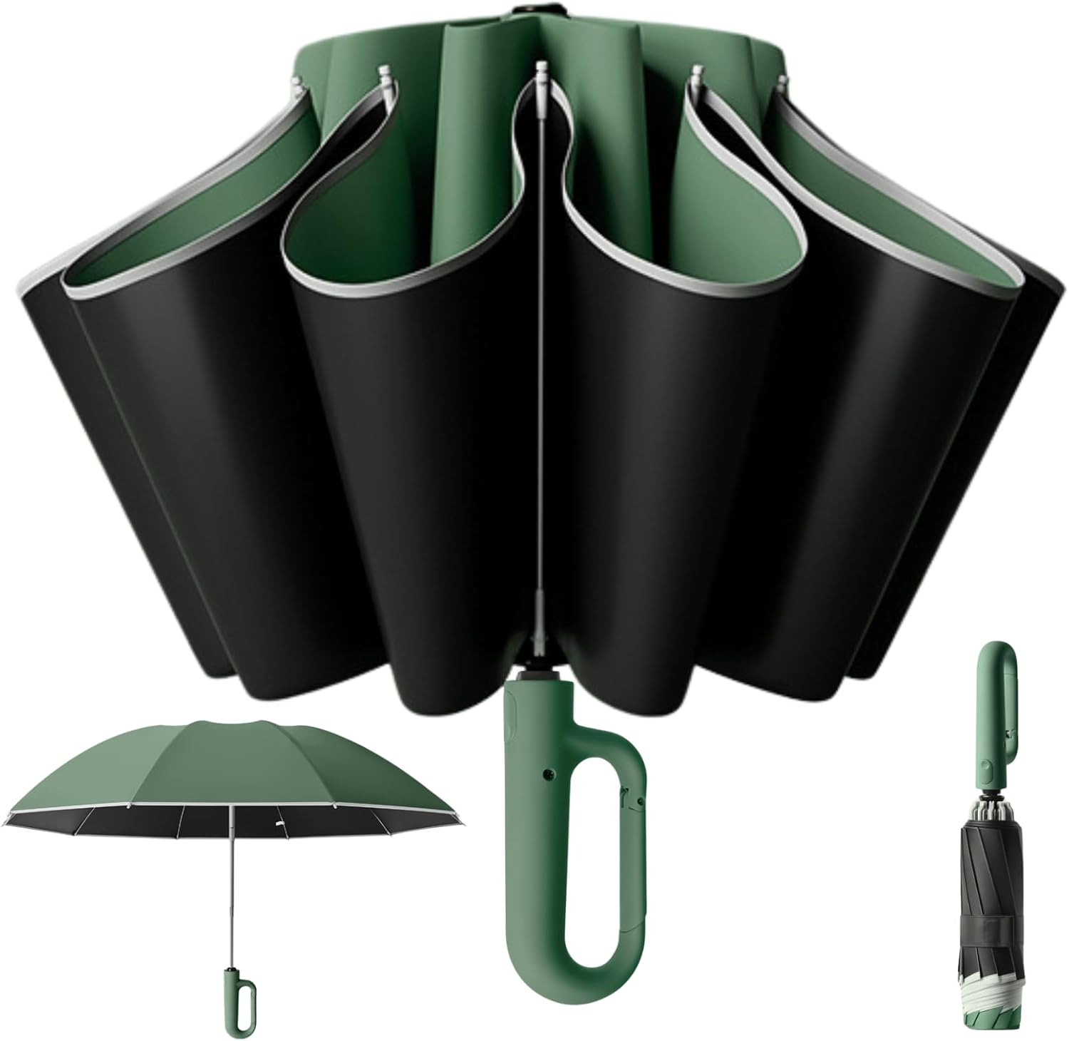 Automatic Extra Large Compact Umbrella with 10-Rib for Sun/Rain, Travel Windproof Folding Parasol with Hooking Handle, Inverted Dry Close and Safety Reflective Strips