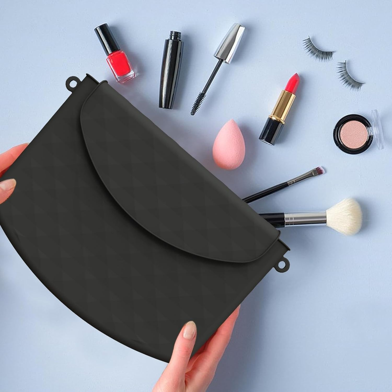 HTRTRR Silicone Cosmetic Bag, Silicone Cosmetic Bag for Women, Magnetic Closure Portable Cosmetic Bag, Holds Beauty Tools, Brushes, Toiletries, Iron, Fashion, Black, Pure Colour image number 5
