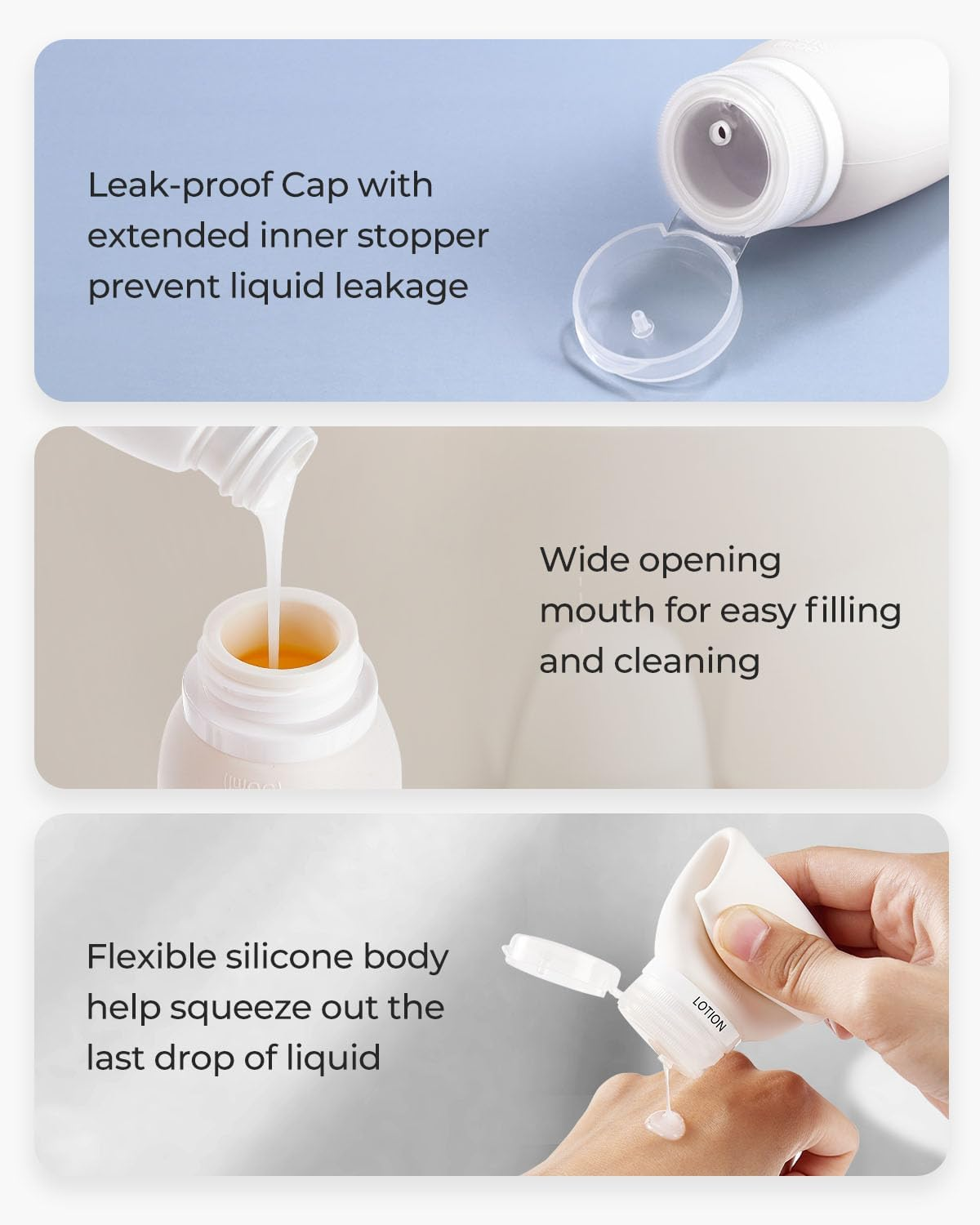 4 Pack 90Ml Silicone Travel Bottles Set for Toiletries, TSA Approved Travel Toiletries Bottles Travel Size Containers Leak-Proof Travel Size Bottles for Shampoo Body Lotion, Travel Essentials image number 4