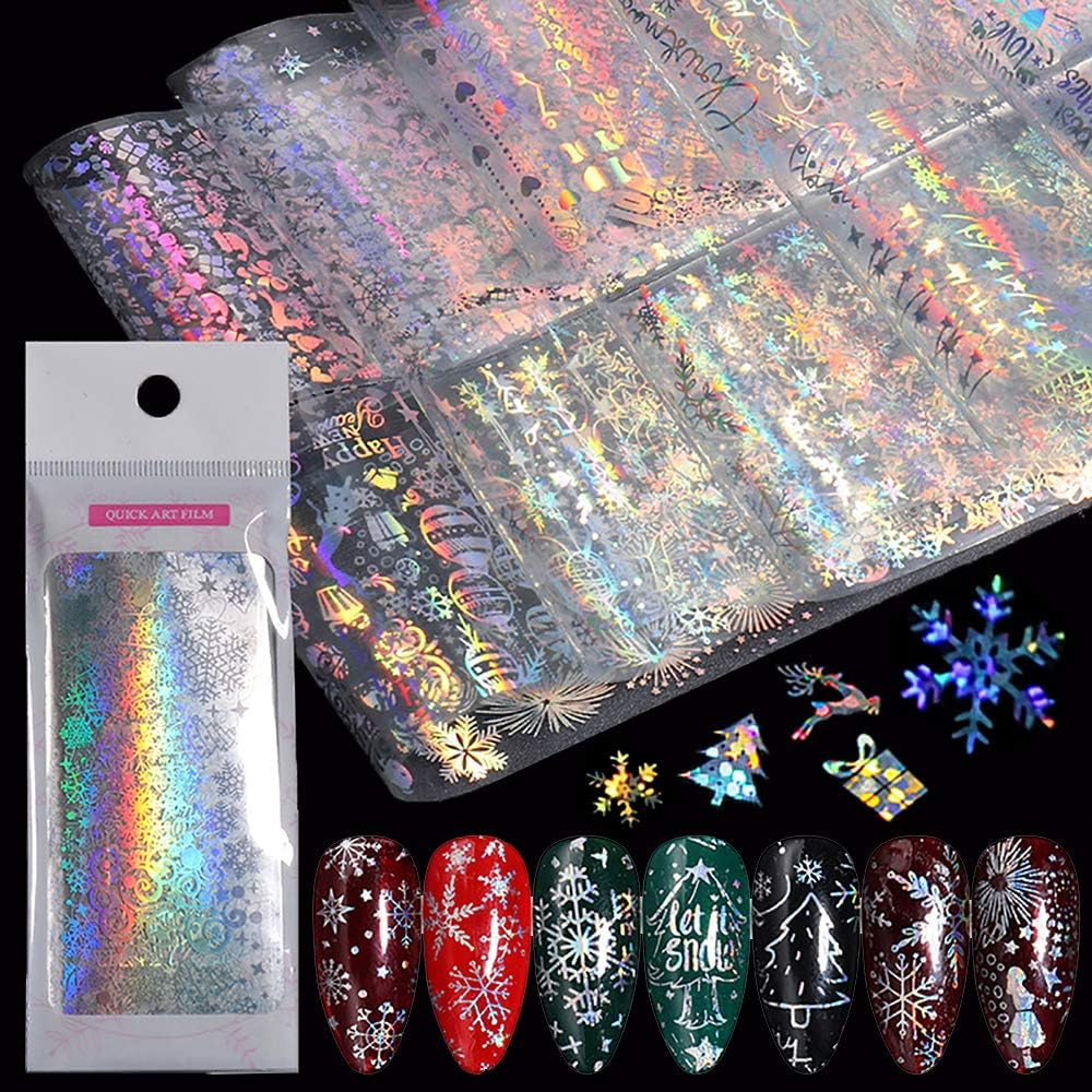 10 Sheets Snowflake Nail Foil Transfer Sticker - 3D Holographic Laser Winter Nail Art Stickers Decals Snowflake Flower Xmas Elk Christmas Foils Transfer DIY Manicure Nail Decorations for Women Girls image number 2