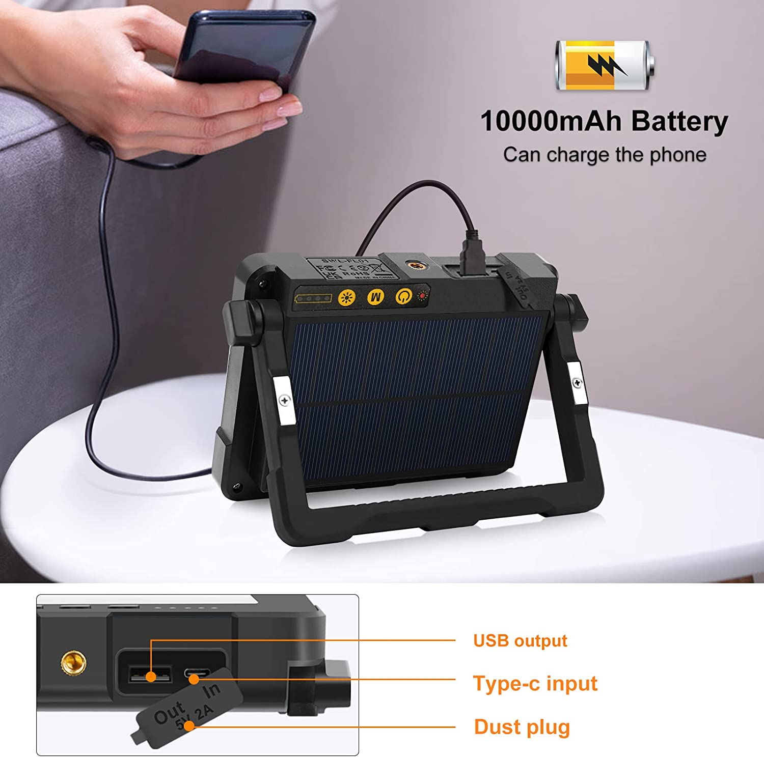 MEIKEE Portable Led Work Light 1000Lm USB Rechargeable Solar LED Flood Light 16 Modes 10000Mah Battery Power Bank IP54 with Magnetic Base Camping Emergency Job Site Lighting with SOS Mode - Black - Black image number 4