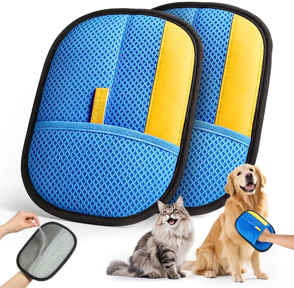 2025 Thickened Electrostatic Pet Hair Removal Gloves (2 Pcs) - Reusable Strong Grooming Gloves for Cats & Dogs, Hair Remover for Couch, Furniture, Carpet, Car Seats & Clothing (Blue)