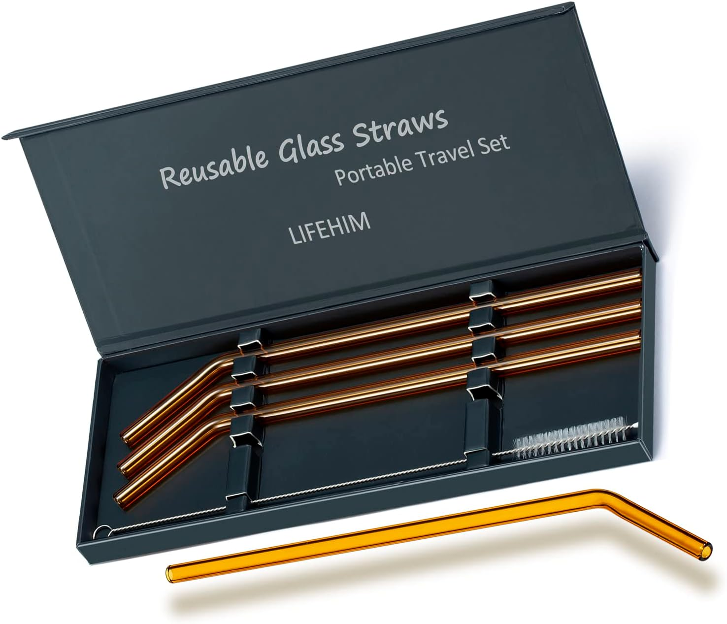 Amber Glass Straws Drinking Reusable: Colored Glass Cocktail Straws Travel Glass Straw with Gift Case Long Glass Drinking Straws Bent image number 4