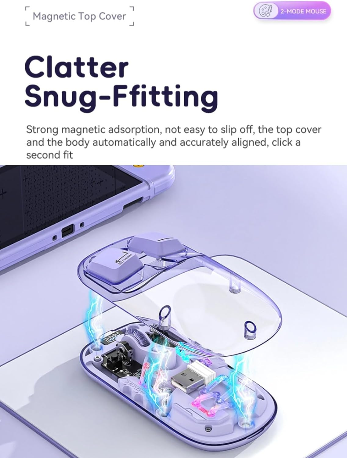 Cordless Gaming Mouse, 2.4G BT 5.0 2 Mode Optical Mouse, RGB Ultra Thin Rechargeable Computer Mice, Ergonomic Mouse for Laptop PC Tablet, Transparent (Purple)