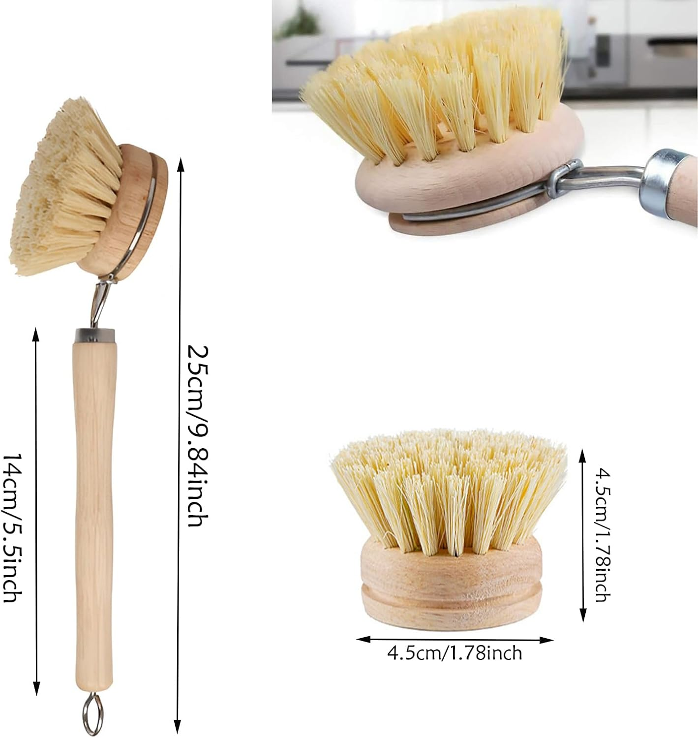5 Pcs Dish Brush,Natural Sisal Pot Brush,Kitchen Wooden Handle Brush - Replaceable Head Soft Hair Non-Stick Pot Brush,Pot Brush for Cleaning Kitchen Utensils image number 1