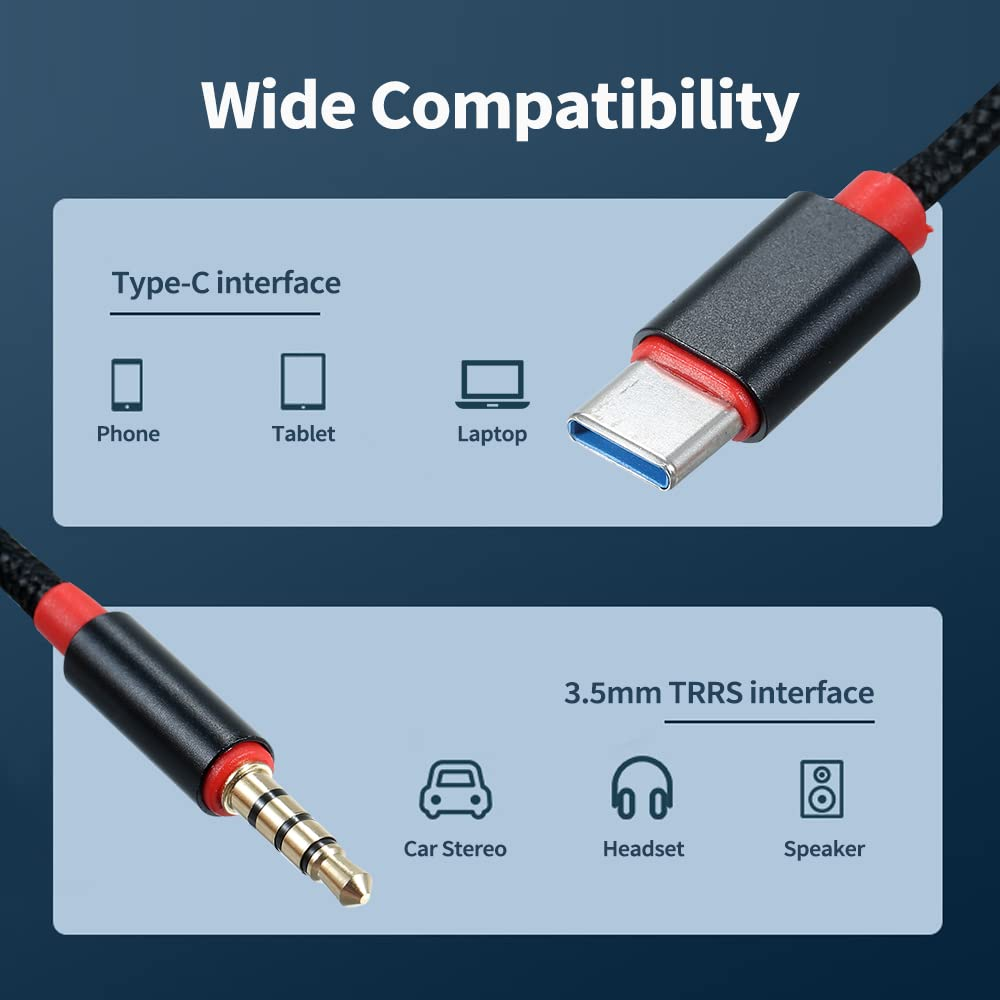Type C Male to 3 5Mm TRRS Audio Cable USB Headset Adapter Cord for Car Home Stereo External Speaker Nylon Braided with Gold Plated Interface Hi Fi Sound Plug N Play image number 2