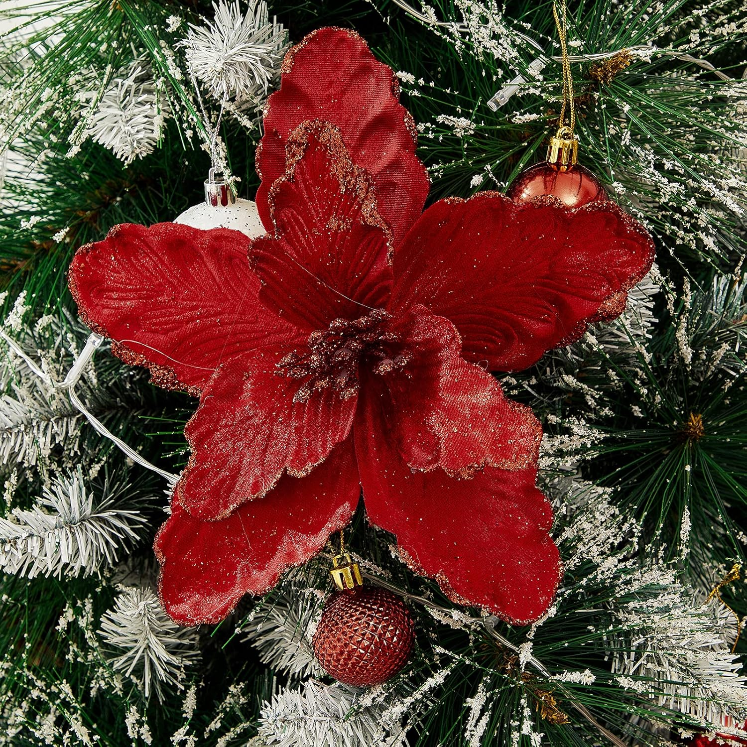10 Pcs Large Poinsettias Christmas Tree Flower Glitter Silk Flower Picks Ornaments for Wreath Garland Wedding Decoration (Dark Red) - Brown image number 2