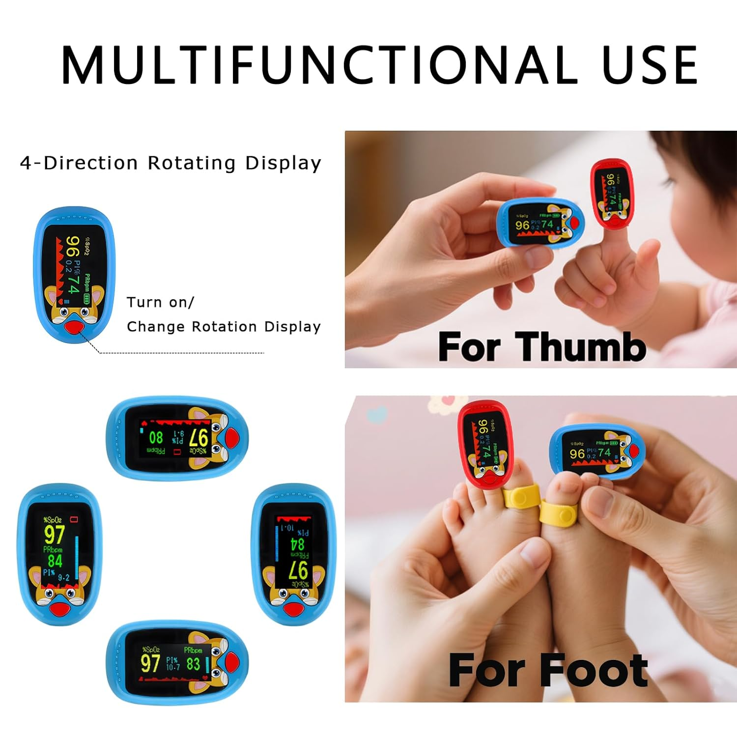 Rechargeable Pulse Oximeter for 2-12 Year Old Kids: Fingertip Blood Oxygen and Heart Monitor with Lanyard, Portable Digital Oxygen Saturation Gauge - Red image number 3