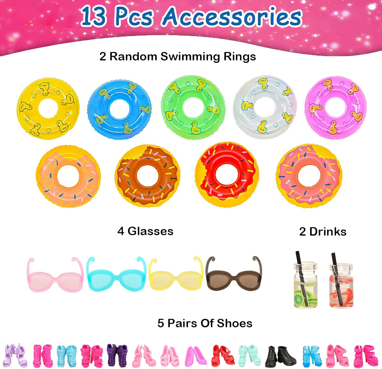 BARWA 18 Pcs Summer Doll Clothes and Accessories Including 5 Sets Swimsuits Beach Bathing Bikini with 2 Swimming Rings 2 Drinks 4 Glasses 5 Shoes for 11.5 Inch Girl Dolls image number 4