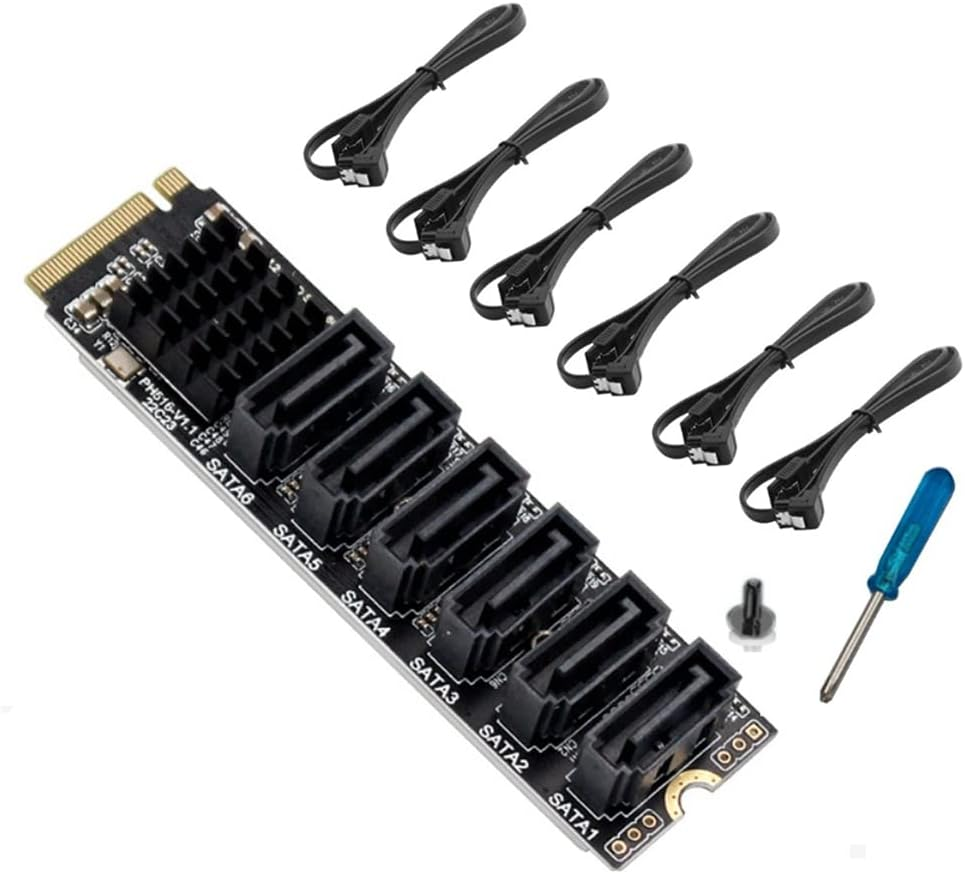 Jingfei PCIE to SATA 6Gpbsx6-Port Expansion Card+Sata Cable M.2 MKEY PCI-E Riser Card M.2 NVME to SATA3.0 ASM1166 Support PM