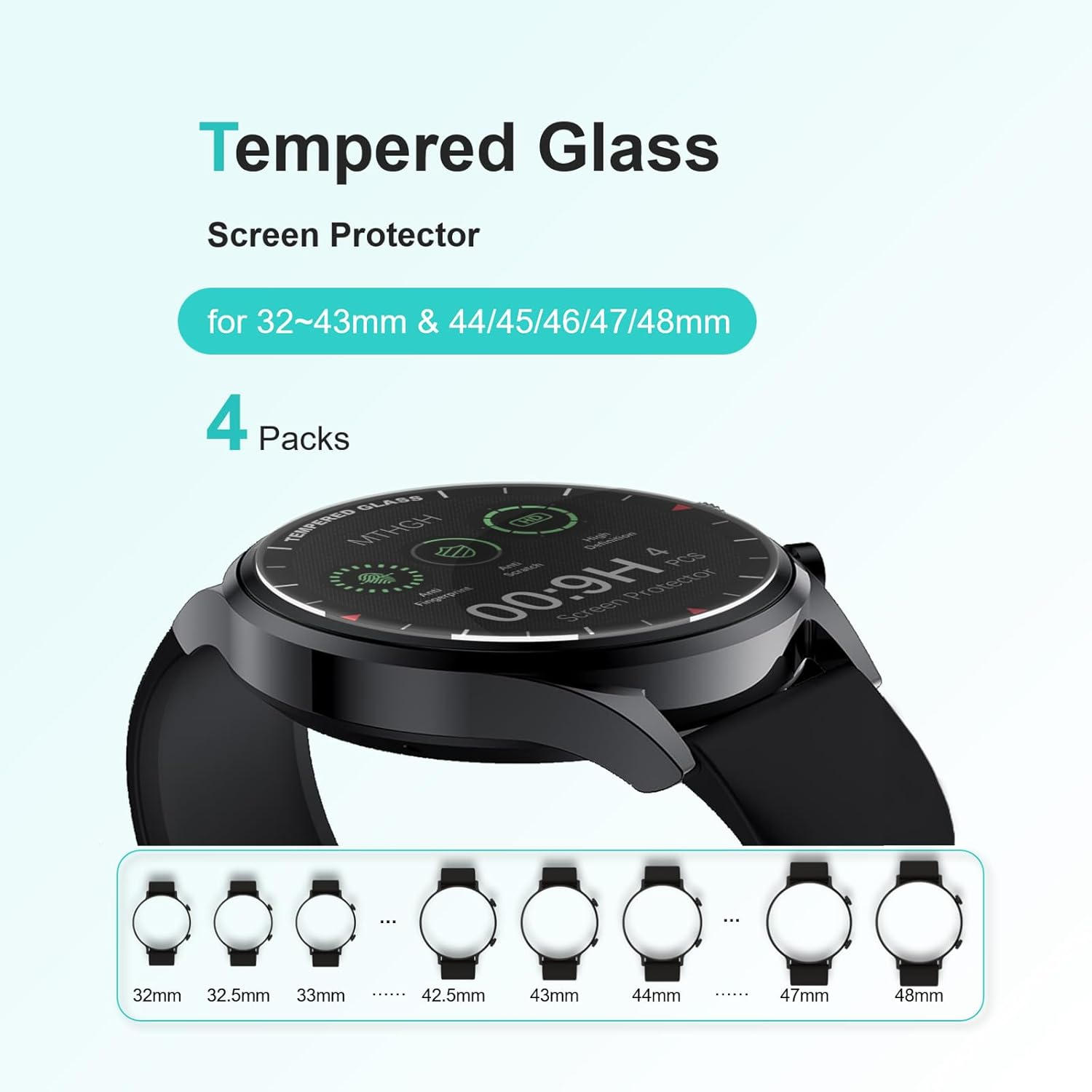 MTHGH 46Mm(1.81Inch) Diameter Screen Protector,(4 Pack) 9H Hardness Tempered Glass Screen Protector for Universal round Watch with Anti-Scratch,Anti-Explosion,Bubble-Free,High-Definition