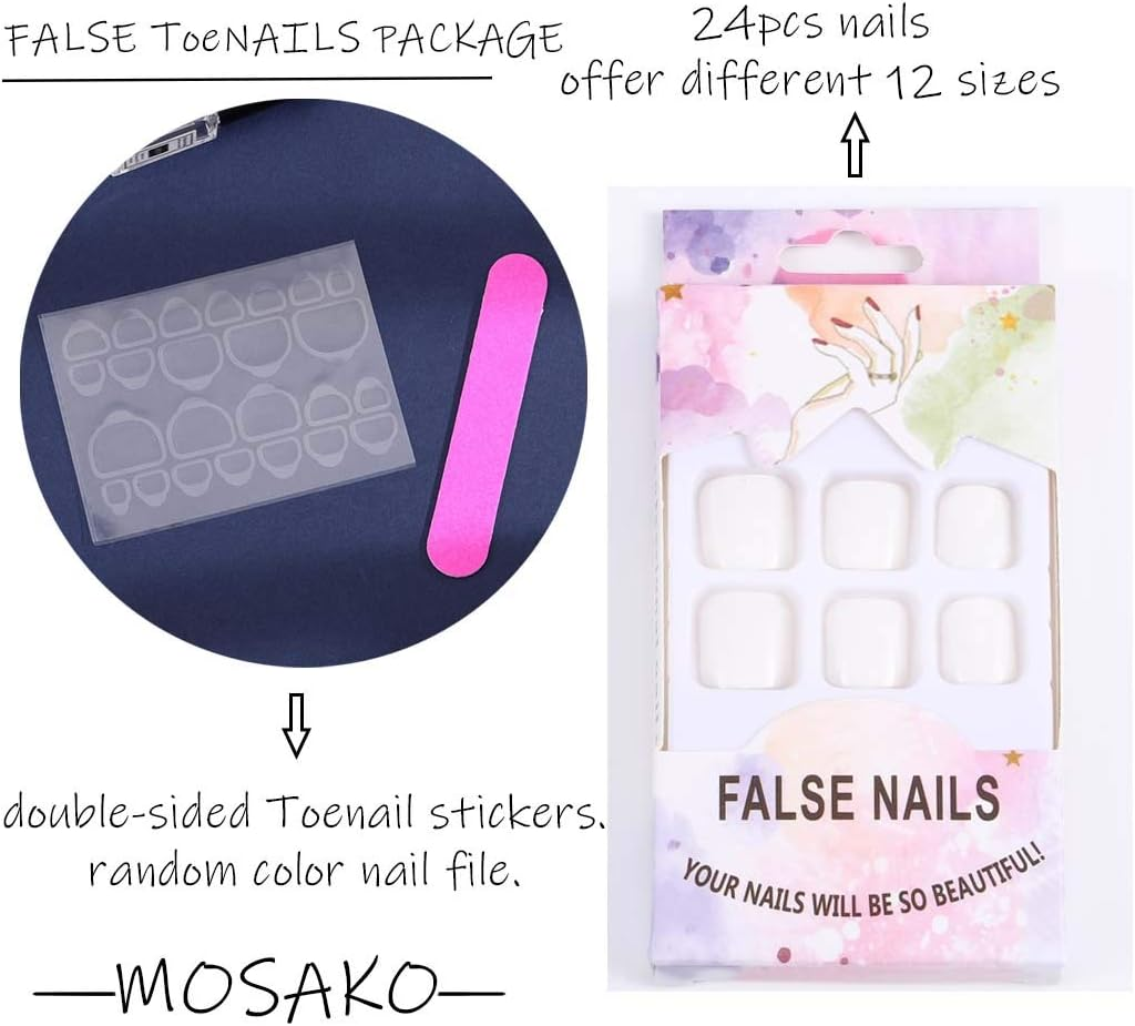 Mosako Glossy Press on Toenails Chic Solid Color Fake Toenails Short False Toenails Full Cover Nail Tip Foot Nails Square Clip on Toenails Beach Sand Feet Nails Top Coat Covered for Women and Girls 24Pcs (White) image number 3