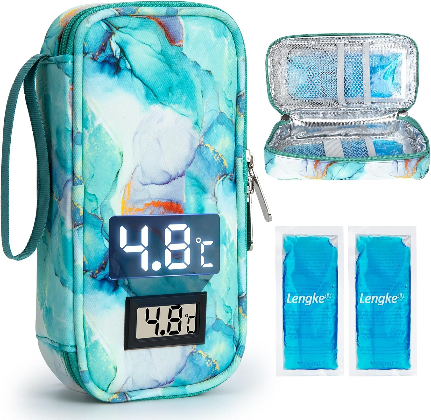 SUNMON High-Capacity Insulin Cooler Travel Case with Temperature Display, 8-10H Insulated Diabetic Medication Cooler Bag with 2 Ice Packs, Waterproof Injection Travel Case for 4-5 Pens (Lily)