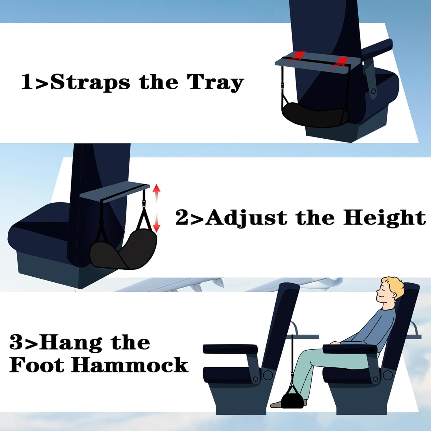 New Airplane Foot Rest,Portable Travel Footrest Flight Carry-On Footrest Adjustable Height Foot Rest Travel Accessories Footrests Hammock,Black image number 1