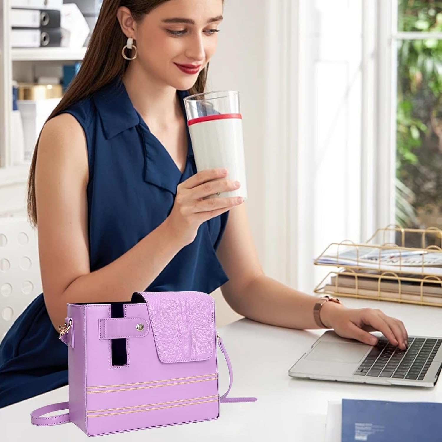 Purse with Cup Holder - Waterproof Portable Strap Pockets | Water Bottle Carrier Bag,Shoulder Purse for Water Bottle, Women, Sports, Gym, Walking, Hiking, Travel, Commuting, Camping, Cycling, Fitness, - Purple image number 2