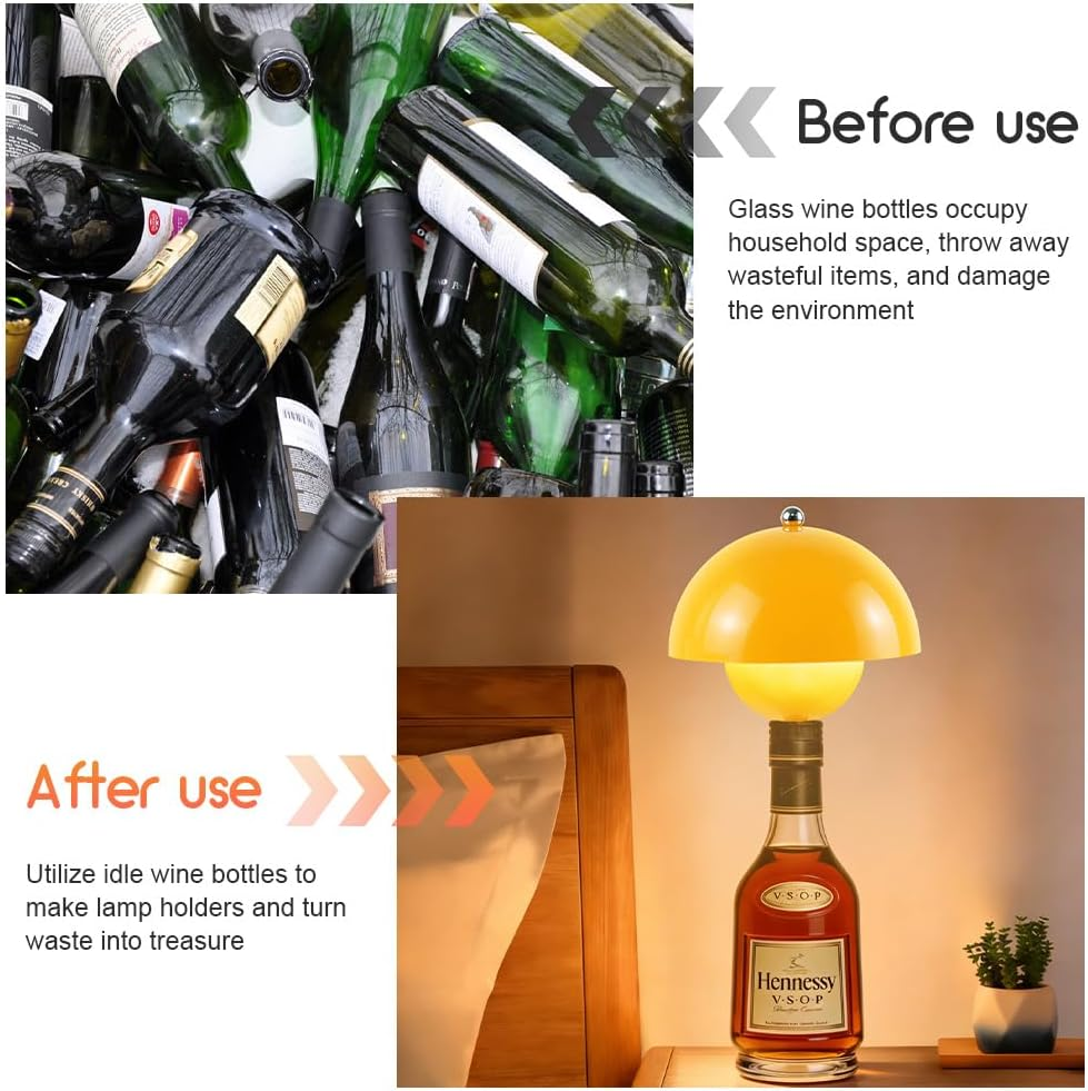 CEWROM Rechargeable Bottle Lamp Attachment LED Rechargeable, 3 Adjustable Colour Temperature Modes, Touch Bottle Lamp, Wireless USB Rechargeable Table Lamps, for Restaurant, Bedroom, Garden (Yellow)