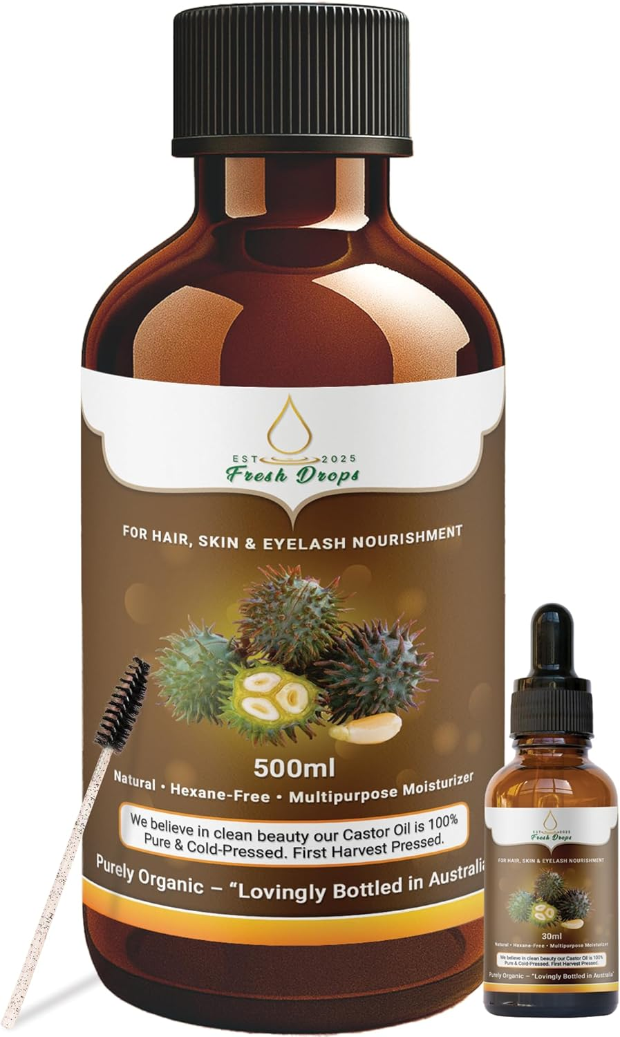 Fresh Drops - Organic Castor Oil 500Ml, Pure Cold Pressed, Hexane Free- Stimulate Growth for Eyelashes, Eyebrows, and Hair, Smooth Face, and Skin,Eyelashes Serum | Free 30 Ml Castor Oil Sample Glass Bottle,Eyebrow Brush Included. image number 3