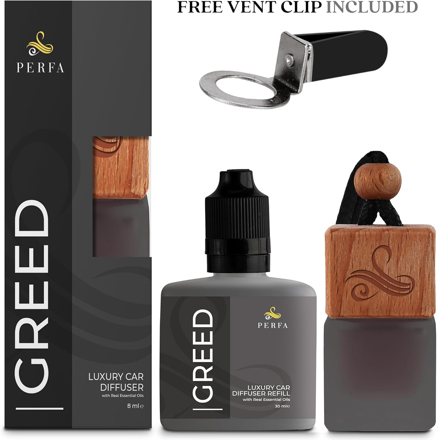 Greed Gift Set with Refill Bottle | Perfume Style Freshener | Strong Car Freshener with Odour Eliminator Technology | Automotive Air Freshener | Car Scents by Perfa image number 5