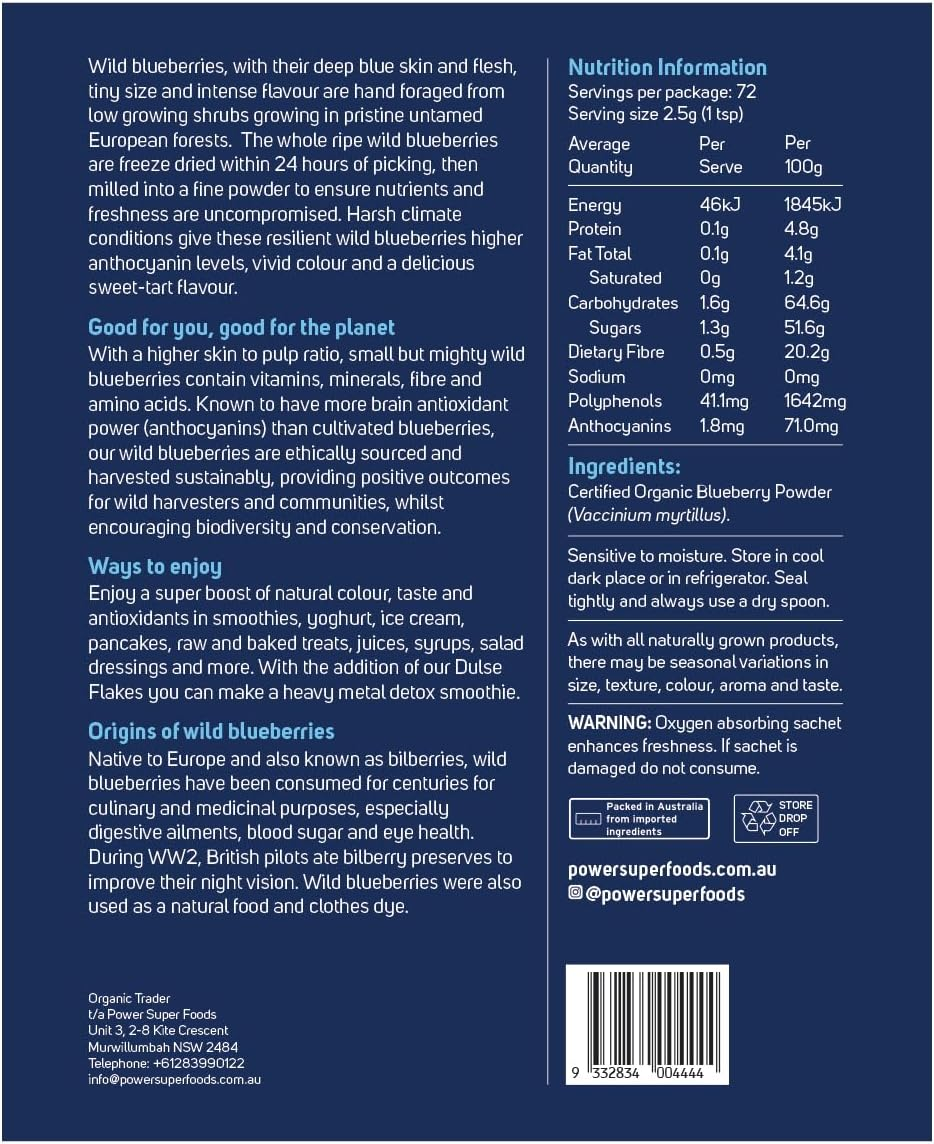Powder Super Foods Wild Blueberry Powder - Certified Organic 180G image number 1