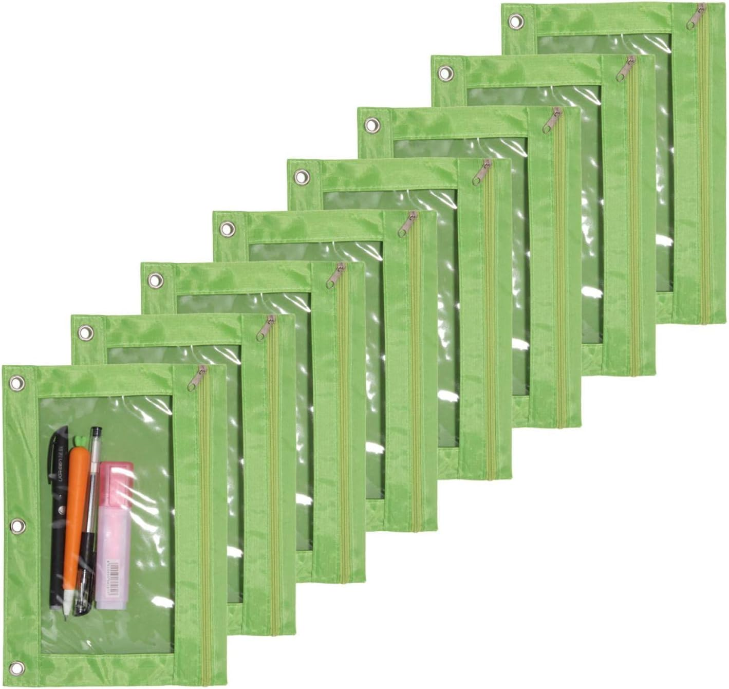 Zippered Pen Pencil Binder Pouch 3 Rings with Clear Window for School Classroom Organizers 8 Pcs (Orange)