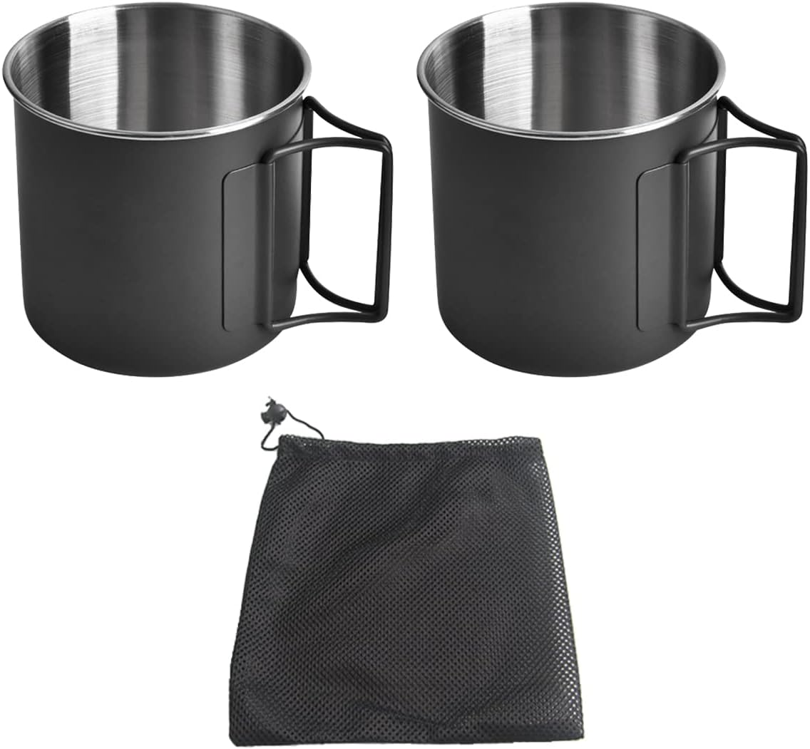 Set of 2 NUZAMAS Folding Cup 330Ml 304 Stainless Steel Coffee Tea Water Cup Portable Outdoor Camping Cup for Outdoor Hiking Cooking Camping Pot Open Fire(Black) image number 3