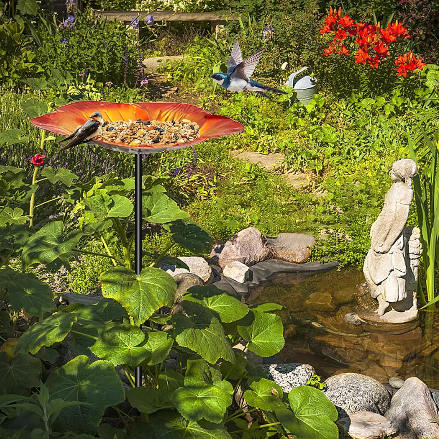 Metal Bird Bath, 25 Inch Rustproof Floral Bird Feeder with Stake, Decorative Sturdy Birdbath for Garden, Yard, Outdoor image number 2