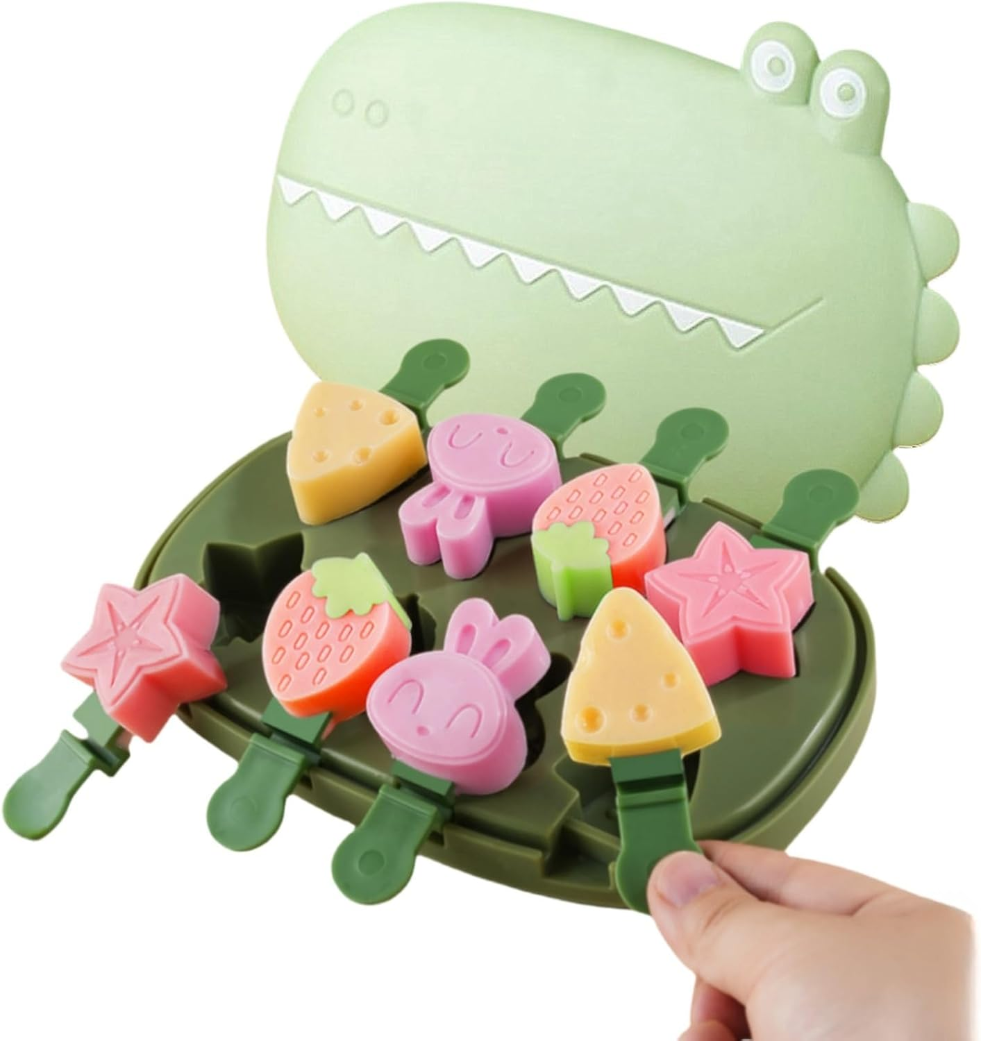 Silicone Popsicle Molds, Cute Cartoon Animal Flower Friut Bunny Molds, Mini Size Reusable Cake Pop Mold Set with Lid and Stick, Easy Release BPA Free (Green-Crocodile(8 Pieces))