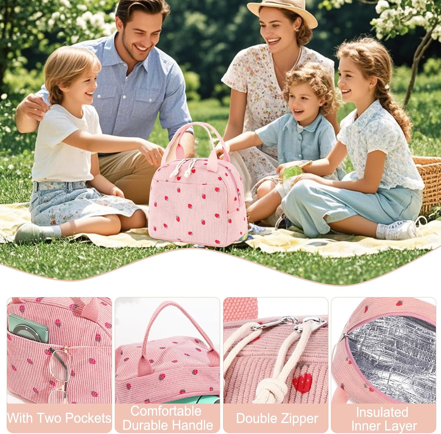 Lunch Bags for Women Insulated Cooler Lunch Bag Adults Kids Packed Lunch Box Tote Bag Cute Girls Ladies Lunch Bags for Work School Picnic Travel Pink Preppy Stuff Gifts for Teenage Girls Daughter - Beige Strawberry image number 5