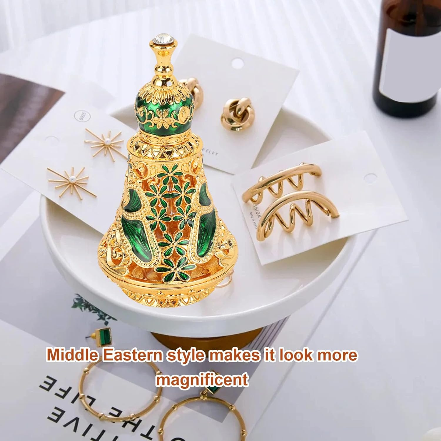 Haofy Pattern Vintage Refillable Perfume Bottle Middle Eastern Style Oil Bottle, Zinc Alloy Material Suitable for Essential Oils, Fragrances, Liquid Cosmetics Vintage Perfume Bottle (Gold+Green) image number 4