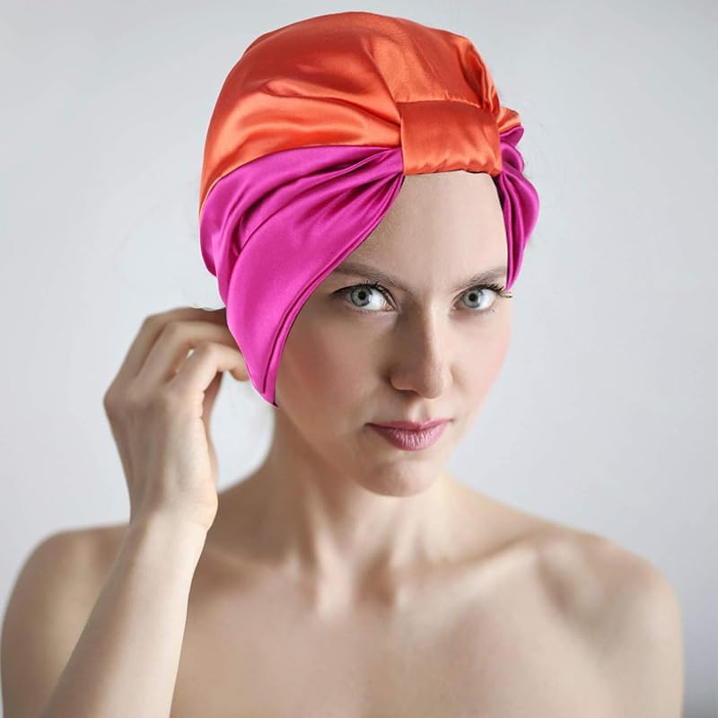 AIMALL Imitated Silk Sleep Cap for Women, 22.8 Inch Adjustable Night Hair Bonnet to Prevent Frizz, Split Ends, and Promote Natural Oil Dispersion, Universal Fit - Green X Khaki image number 5