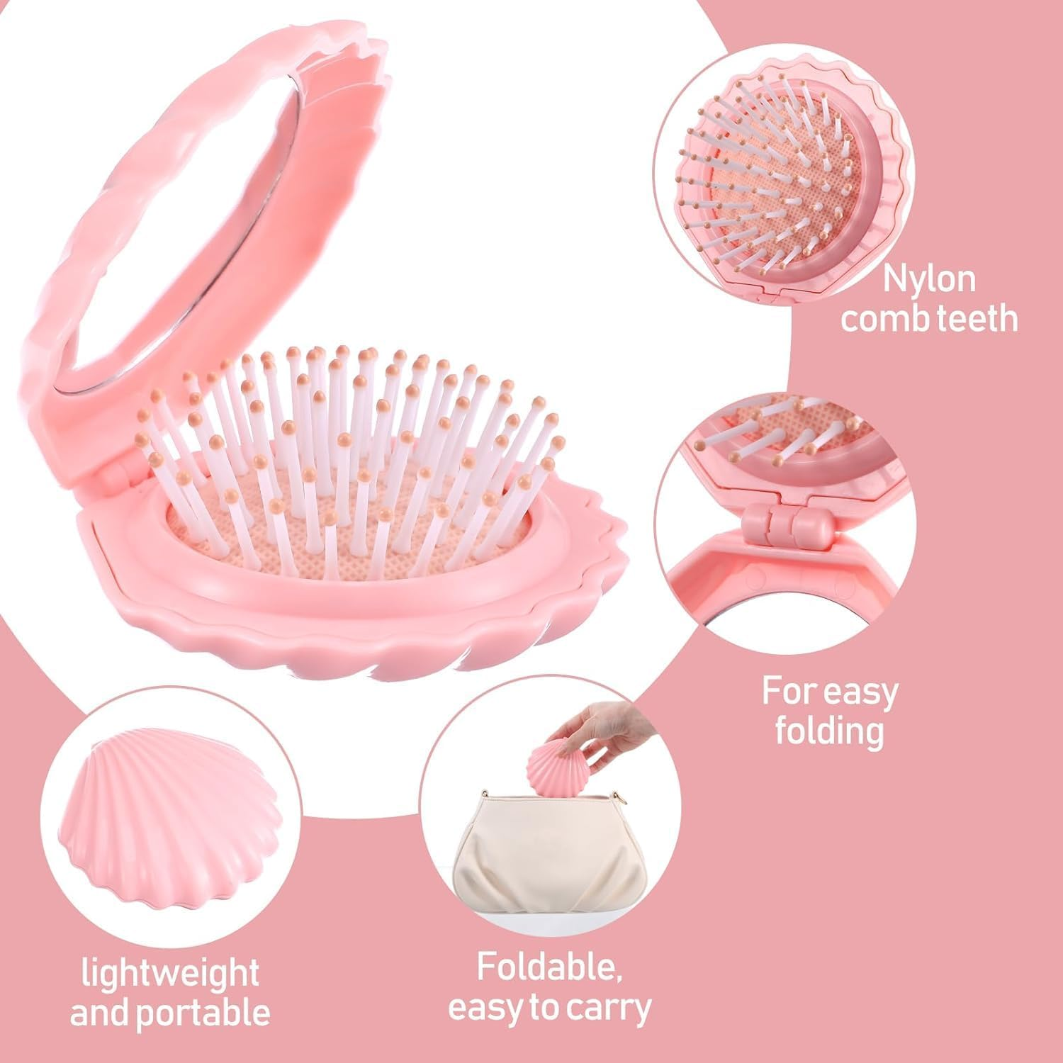 2Pcs Shell Shape Pocket Hair Brush with Mirror,Folding Travel Hair Brush with Mirror,Shell Shape Pocket Hair Brush with Mirror Folding Hair Brush Portable Cute Hair Massage Comb Mini Hair Brush image number 3
